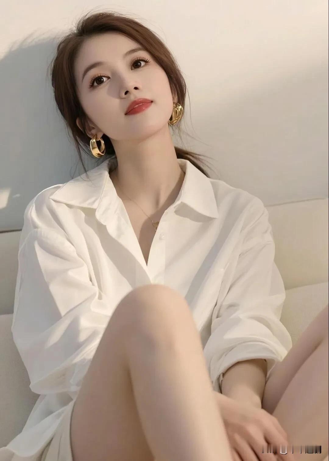 宽松白衬衫裹着漫不经心的慵懒，金圈耳环坠在耳尖添了点飒。午后光缕落在肩颈，连松弛