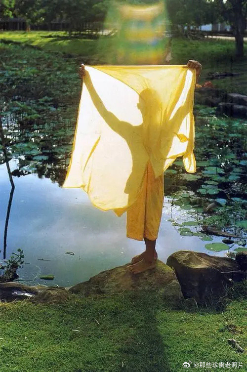 1985年，柬埔寨吴哥窟，一个穿着黄袍的和尚举着另一件袍子迎着阳光。摄影：恩斯特