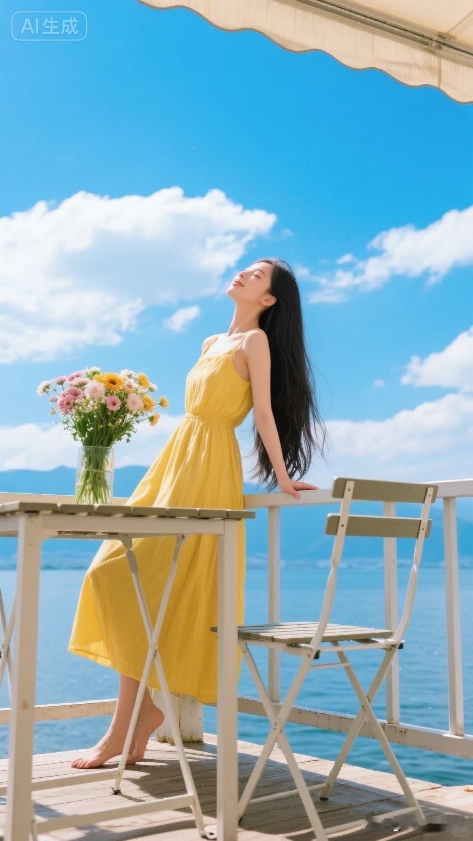 夏日湖畔，黄色长裙少女，微笑面对碧波蓝天。