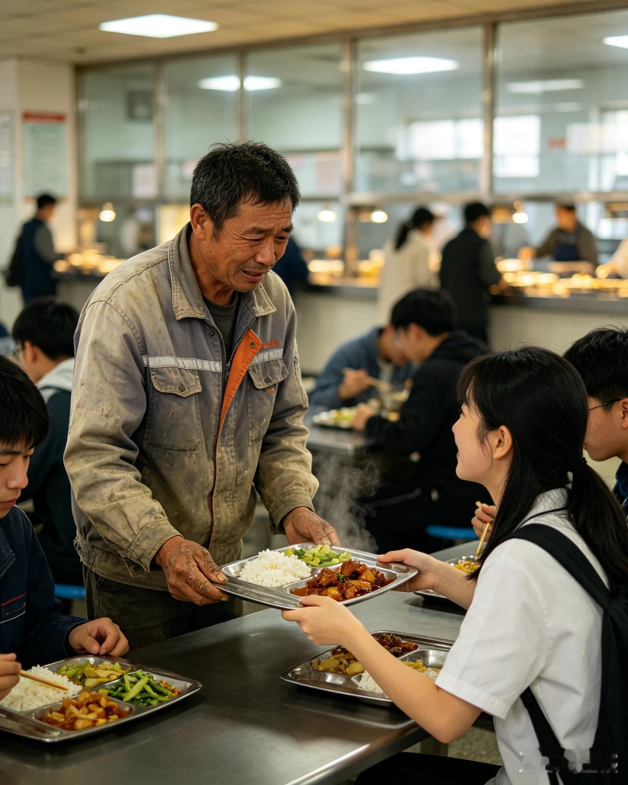 大学食堂午饭时间，一位农民工问旁边的大学生，能不能帮忙打份饭，他给现金，几个学生