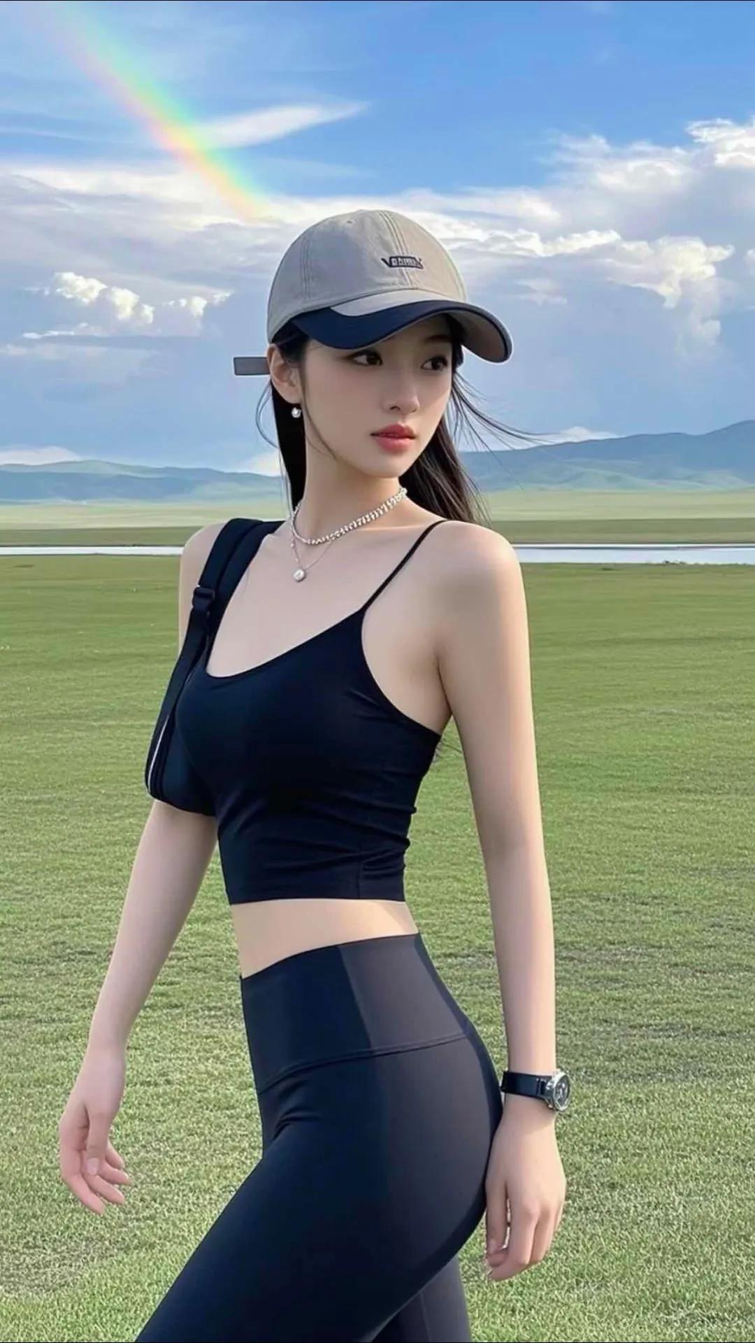 她站在草地上，戴着棒球帽，风景很美。街拍高清美女