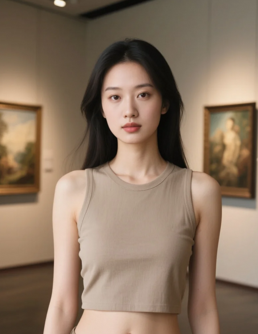 艺术画廊里的亚洲美女，演绎文艺与时尚的融合