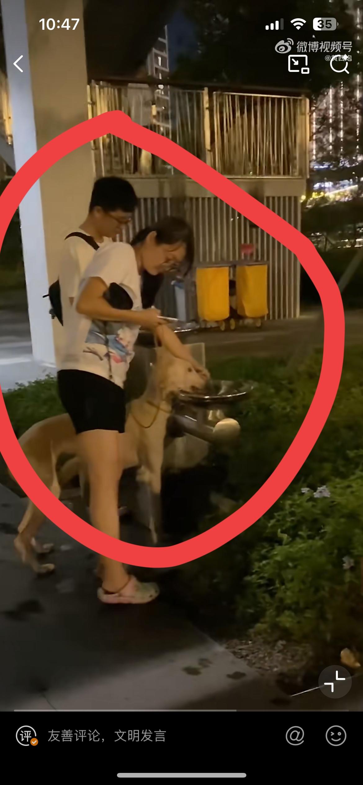 曝光这对深圳的小夫妻，直接牵狗在对着直饮水狂饮。7月14日晚在深圳一公园，
