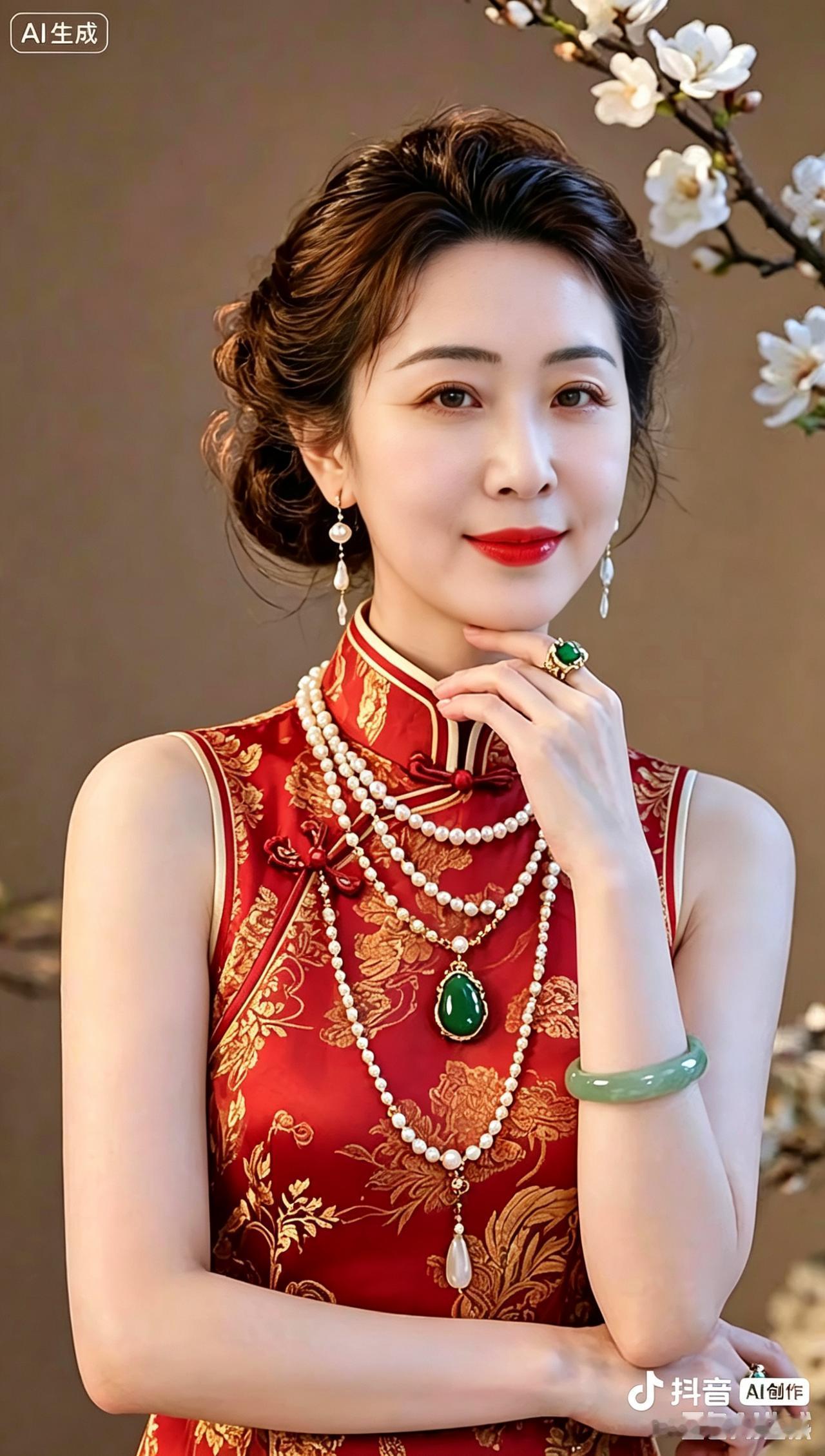 旗袍雅韵一树花开映浅墙，旗袍红色泛金光。盘花扣上藏雅致，云髻盘成韵味