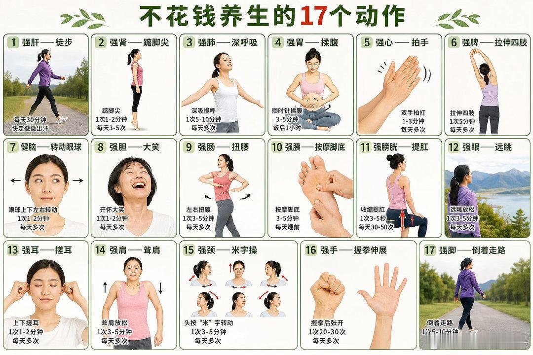 健康养生不花钱养生的17个动作：1、强肝——徒步2、强肾——踮脚尖3、强肺——