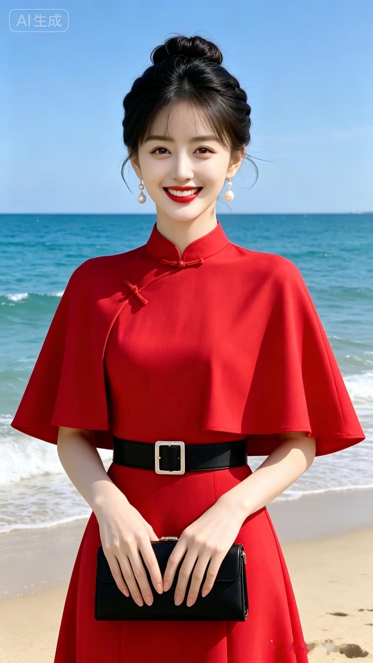 女子佩戴珍珠白耳饰，明艳红唇动人，身着茶红色中式盘扣斗篷裙，黑宽银扣腰带束腰，手