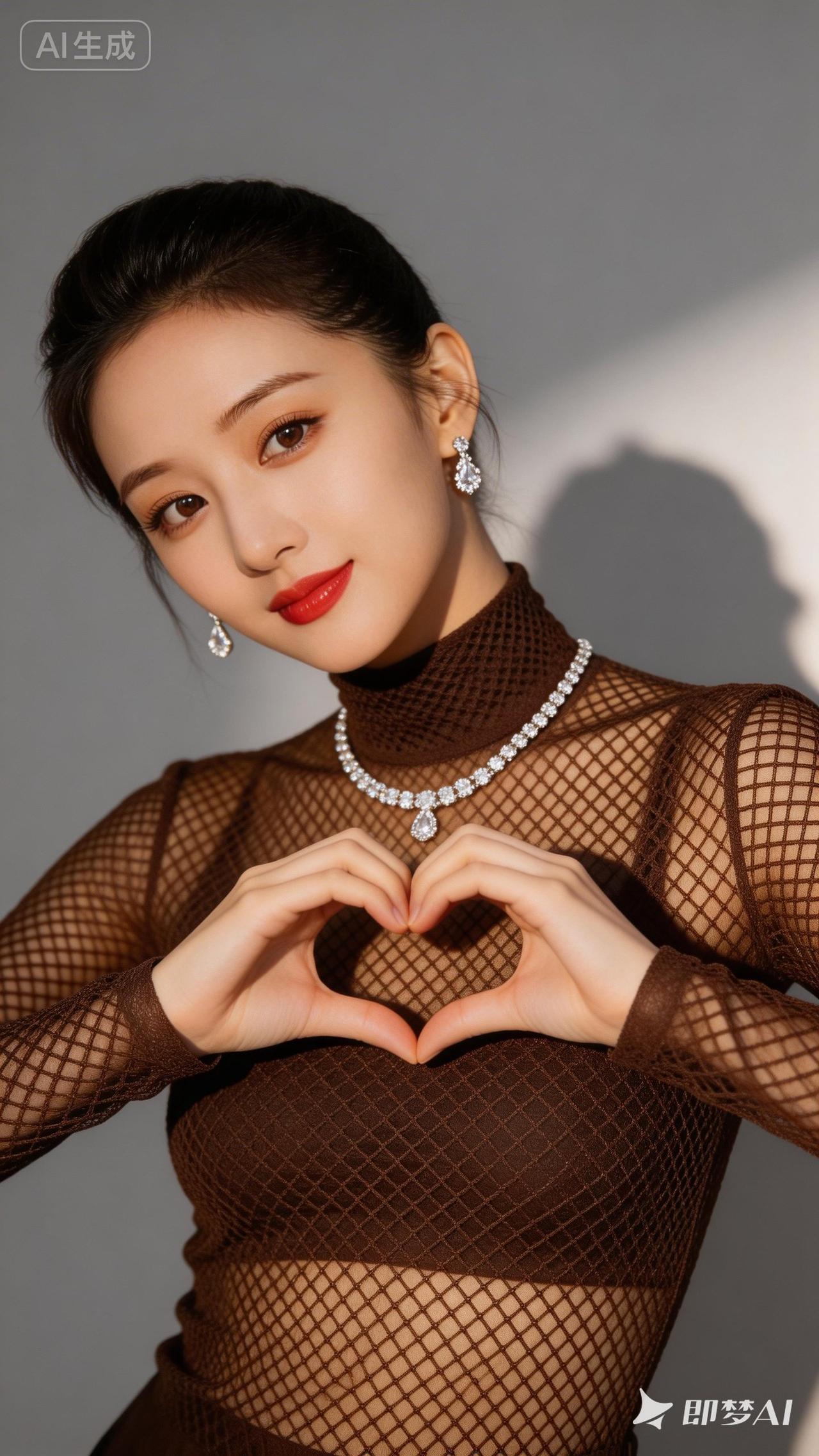 优雅气质，网纱连衣裙，心形手势，闪耀珠宝，时尚穿搭