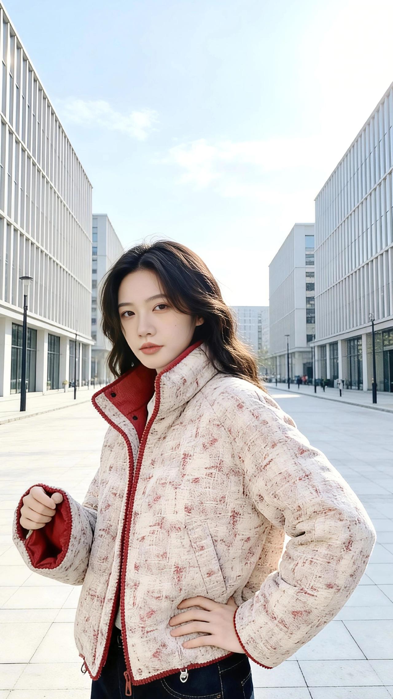 风裹着冬的清冽，漫过玻璃幕墙的棱角，把她的发梢轻轻掀起来——那团米白里浸着碎红的