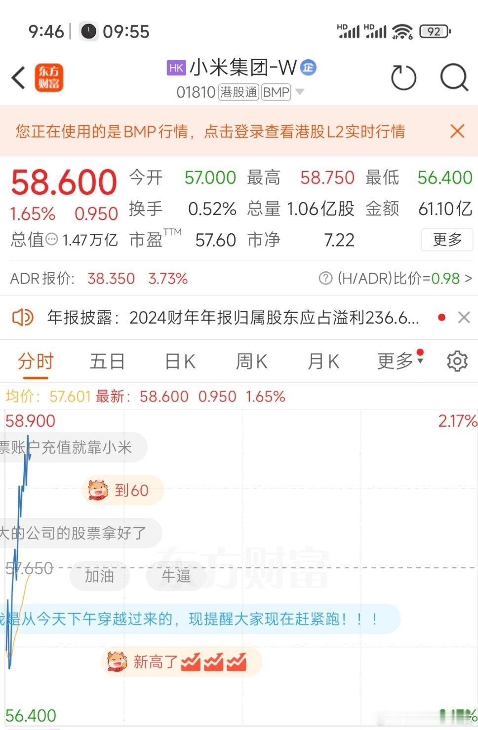 卧槽！小米股票今开57，目前58.6，恭喜各位股东又赚一笔[doge]​​​