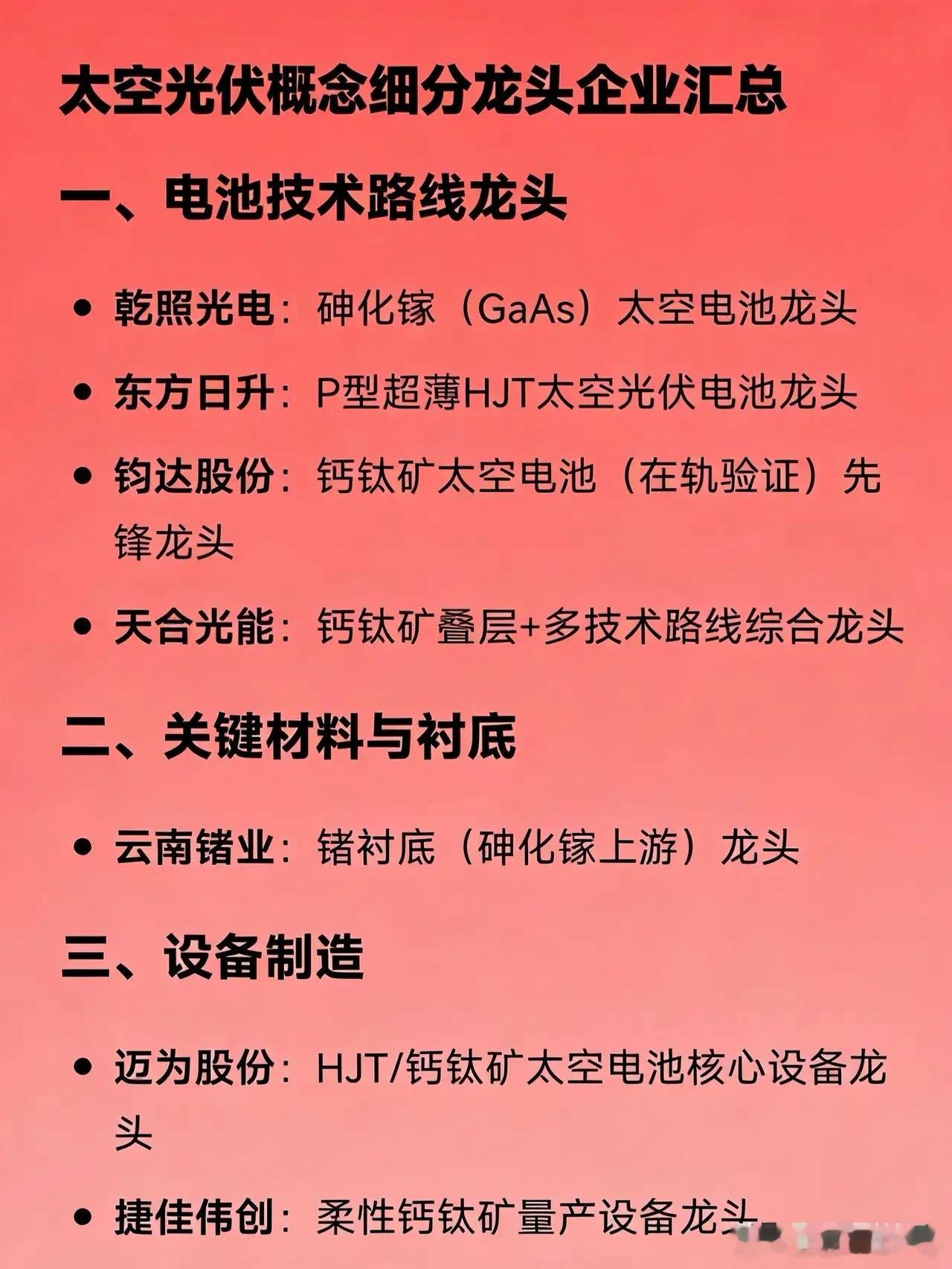 太空光伏概念细分龙头企业汇总一、电池技术路线龙头乾照光电：砷化镓（GaAs）太空