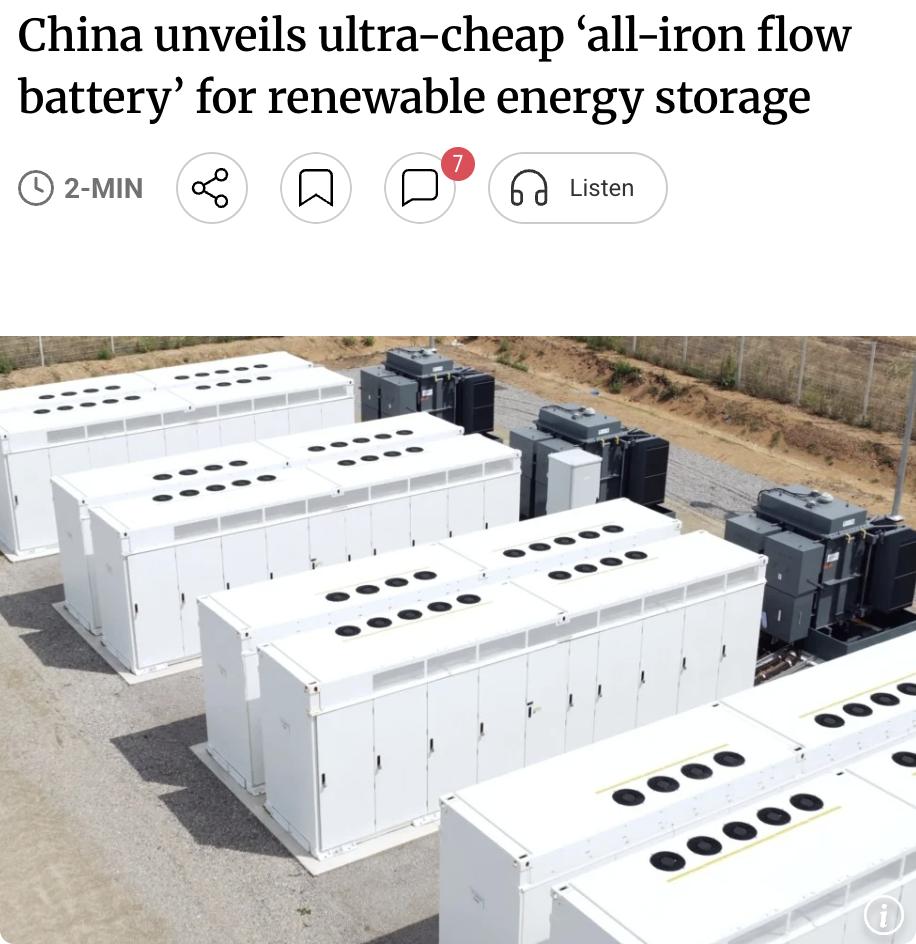 外媒：中国科学院金属研究所团队研发出一种超低成本的全铁液流电池，其电解质可实现数