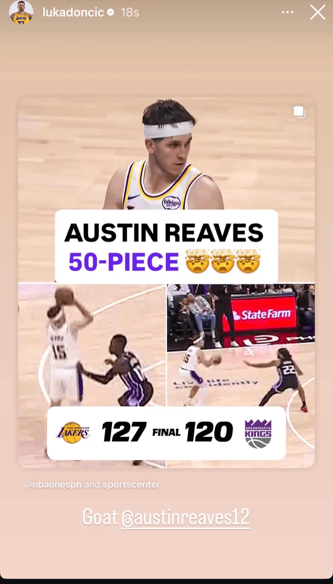 东契奇:里夫斯是GOAT。湖人