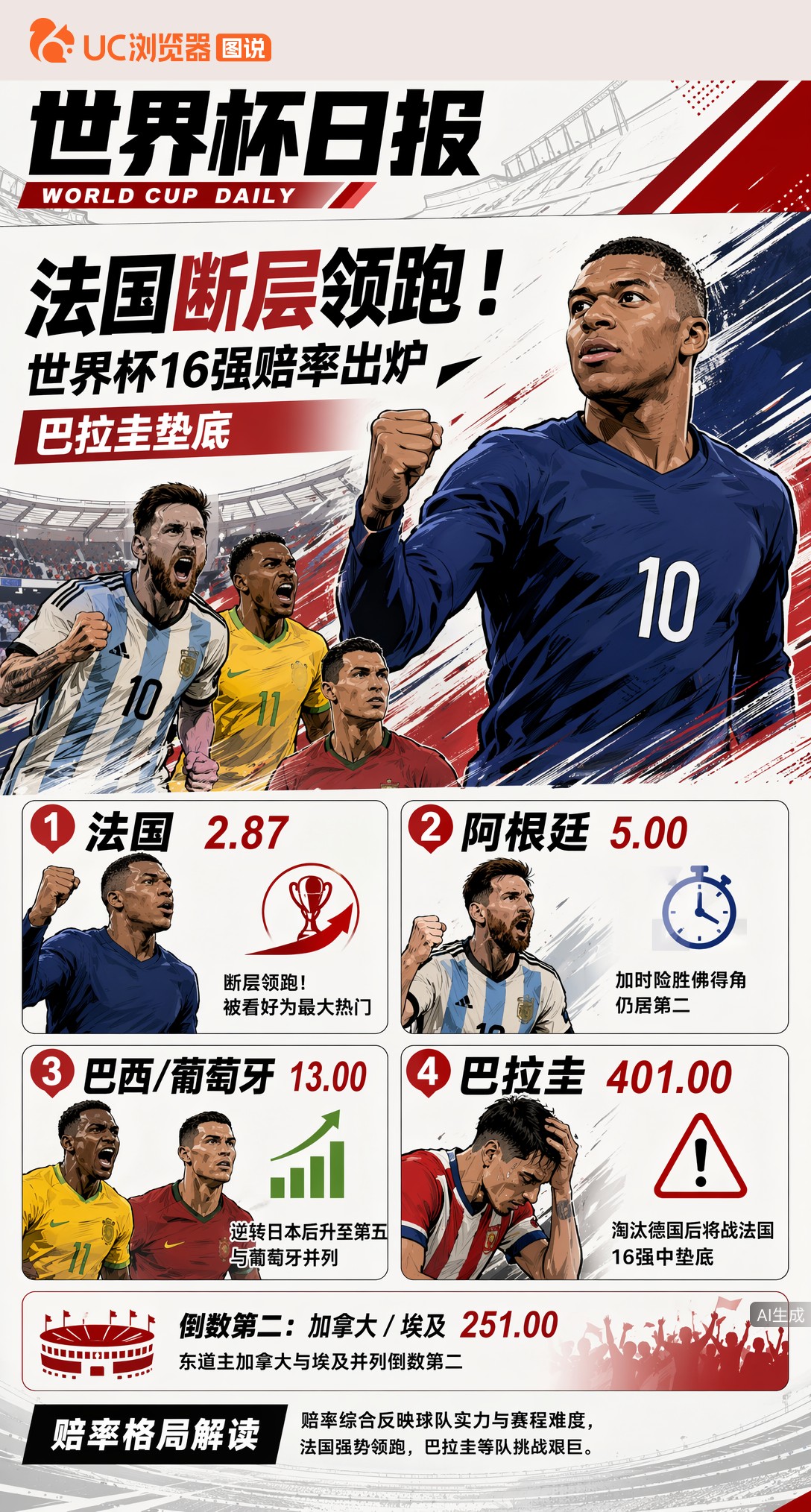 法国断层领跑！世界杯16强赔率出炉，巴拉圭垫底