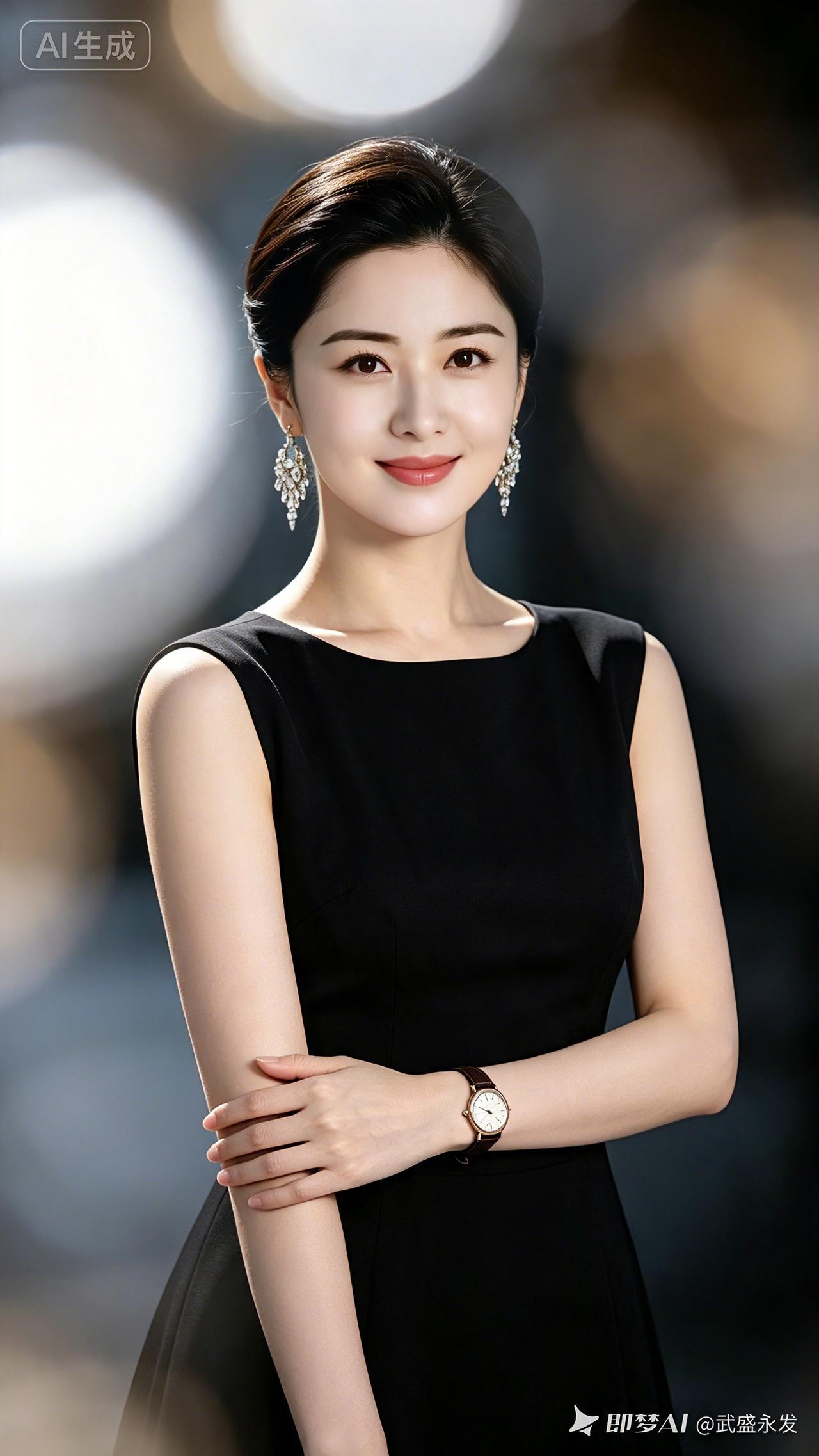 雅姿淑女素髻轻挽映柔光，珠坠耳畔溢清芳。一袭墨衫衬温婉，双腕交叠隐端庄。腕