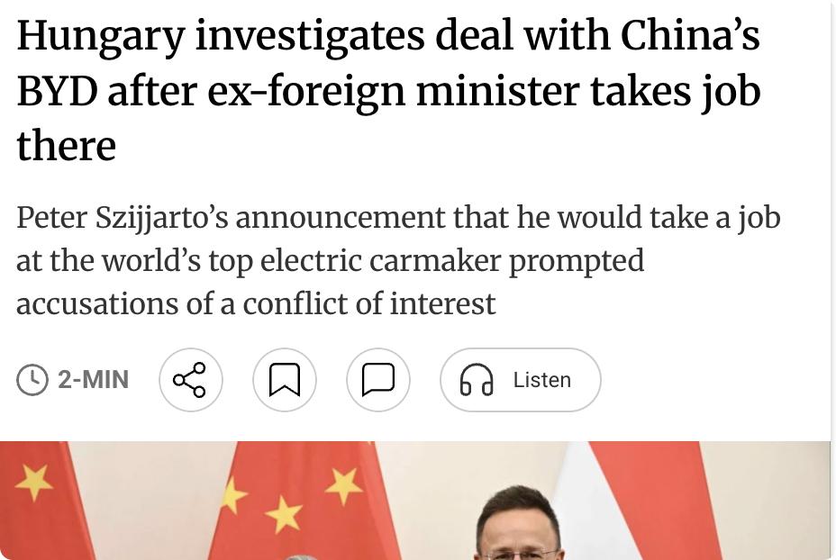 外媒：匈牙利政府宣布调查中国电动汽车制造商比亚迪的一项大型外资交易，此前匈牙利前