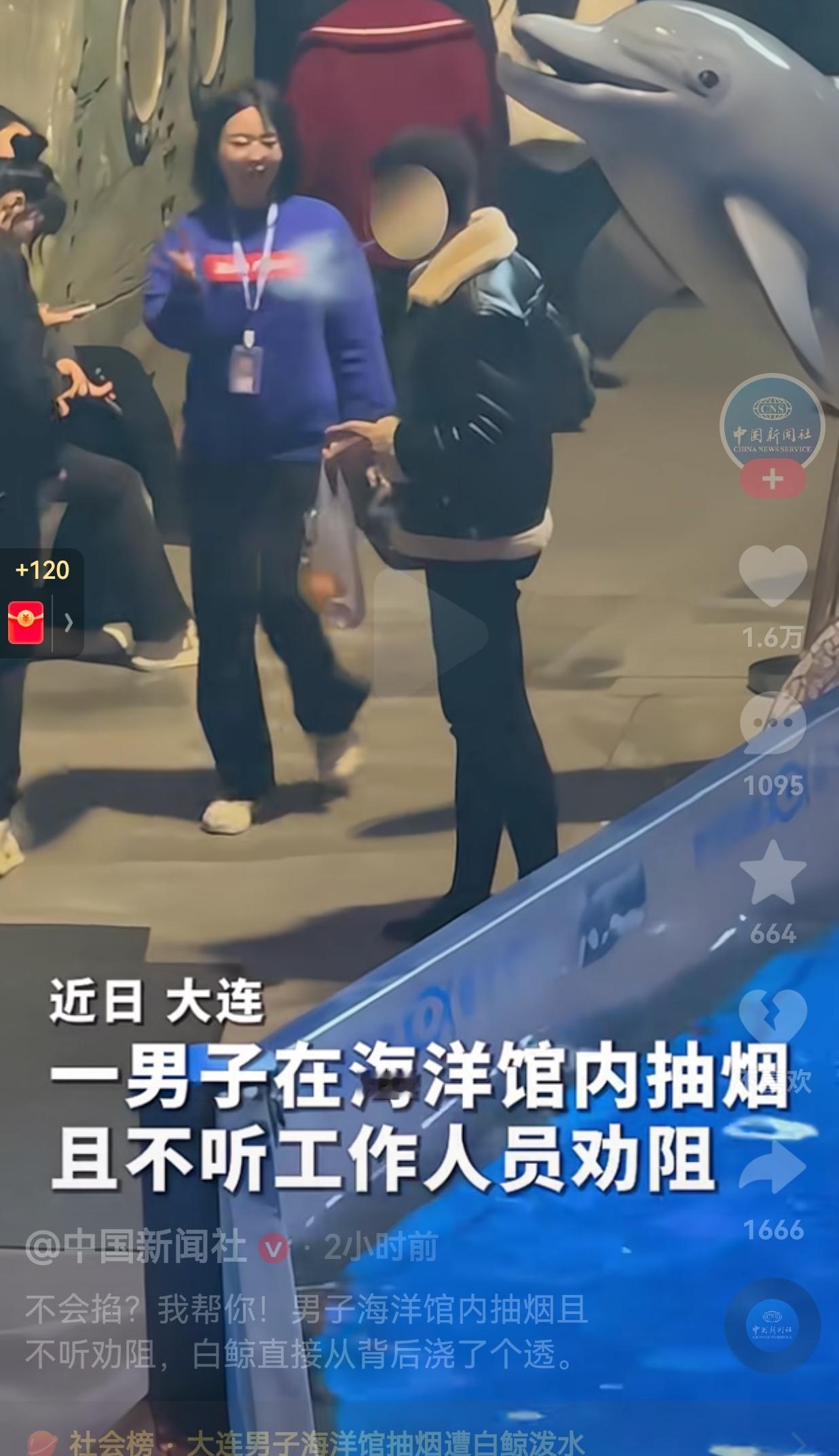 这就是不听劝的代价！近日，大连一男子在海洋馆抽烟，工作人员看到后，好心好意劝阻男