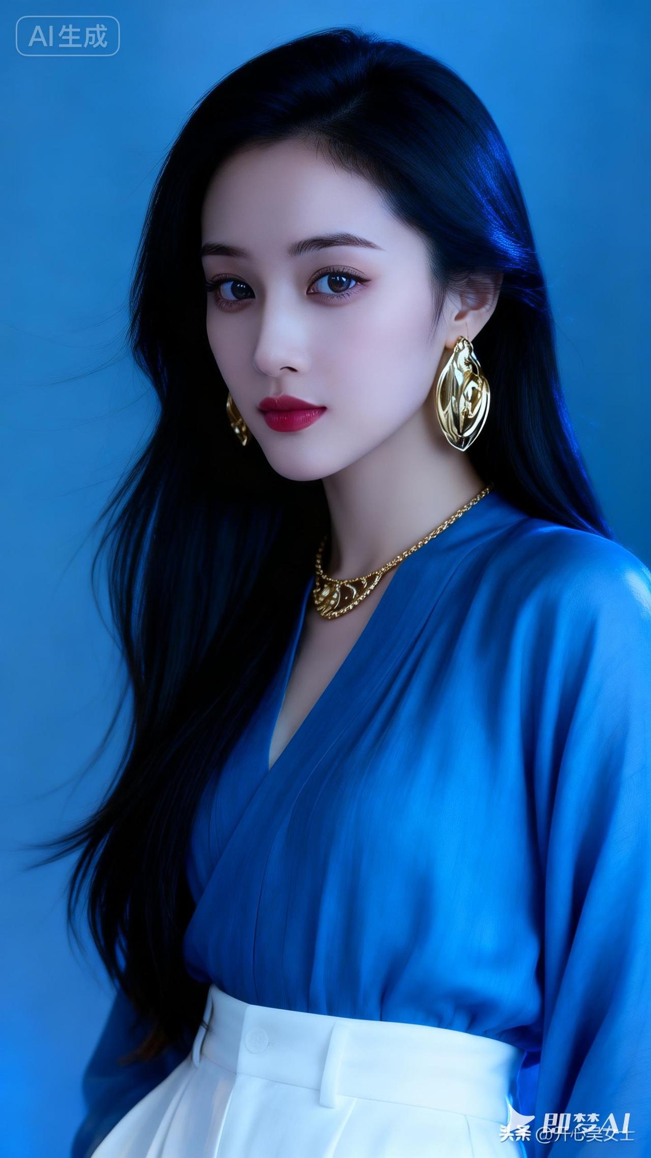 蓝色系穿搭，优雅气质，时尚珠宝点缀