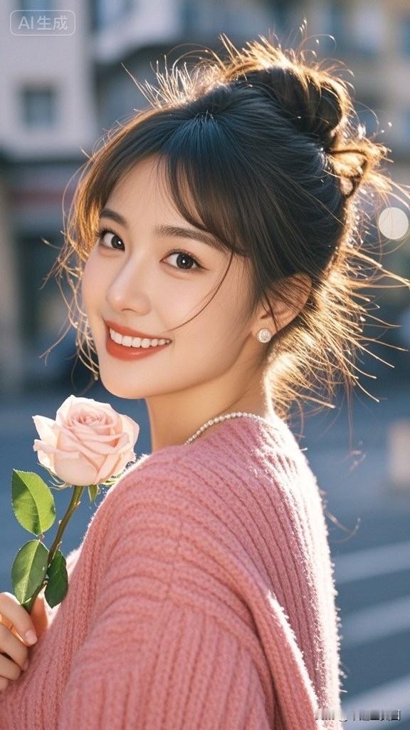 这位小姐姐真温柔，手拿玫瑰笑得甜。