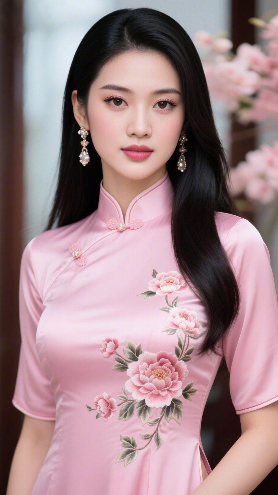 《粉襟柔》淡粉缎面裹着温软的气息，领口珍珠盘扣轻嵌，像把春日的柔光凝在了襟