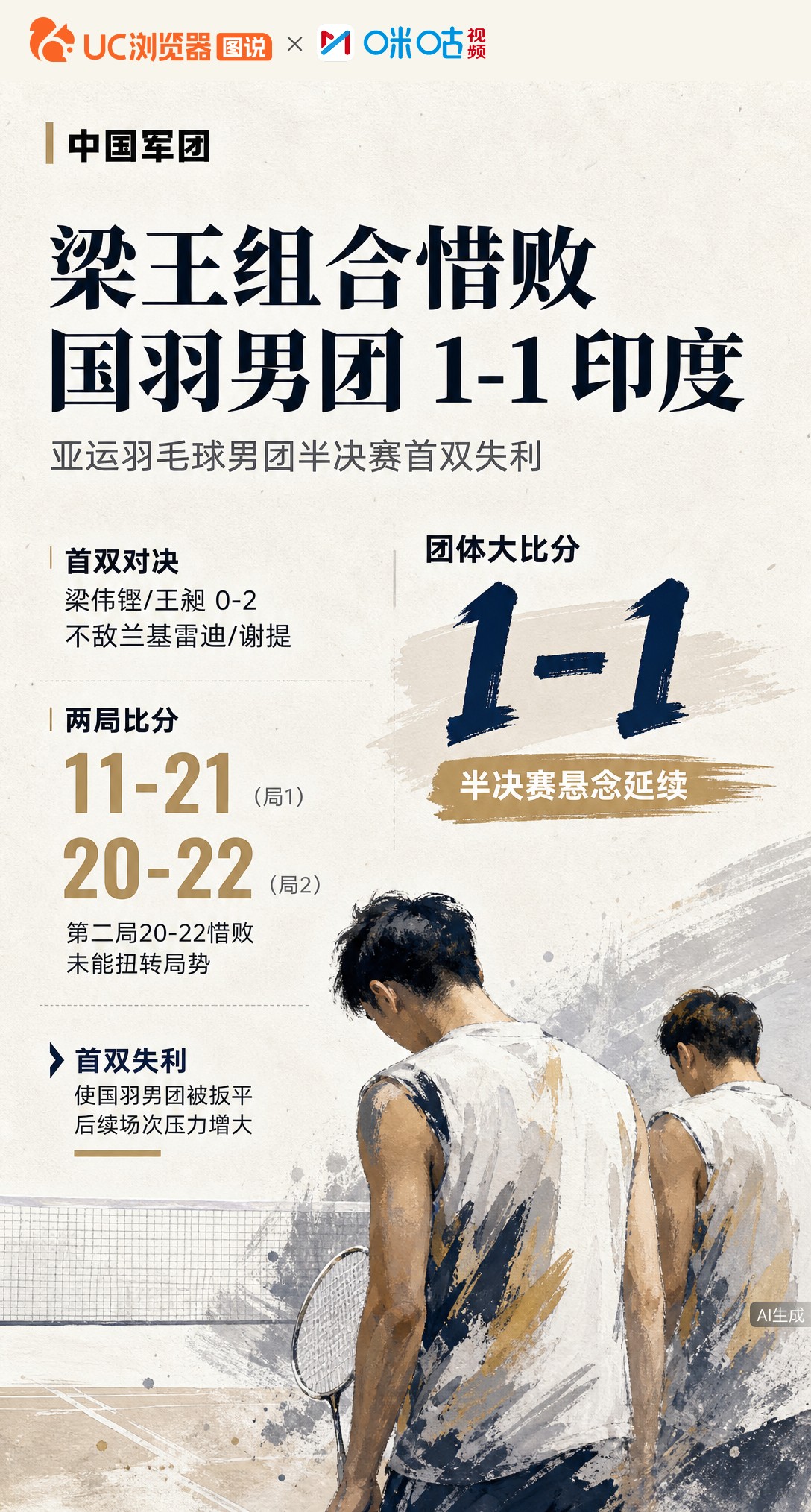 亚运男团半决赛大比分被扳平！梁伟铿/王昶首双0-2不敌印度组合，第二局20-22惜败。中国队1-1印