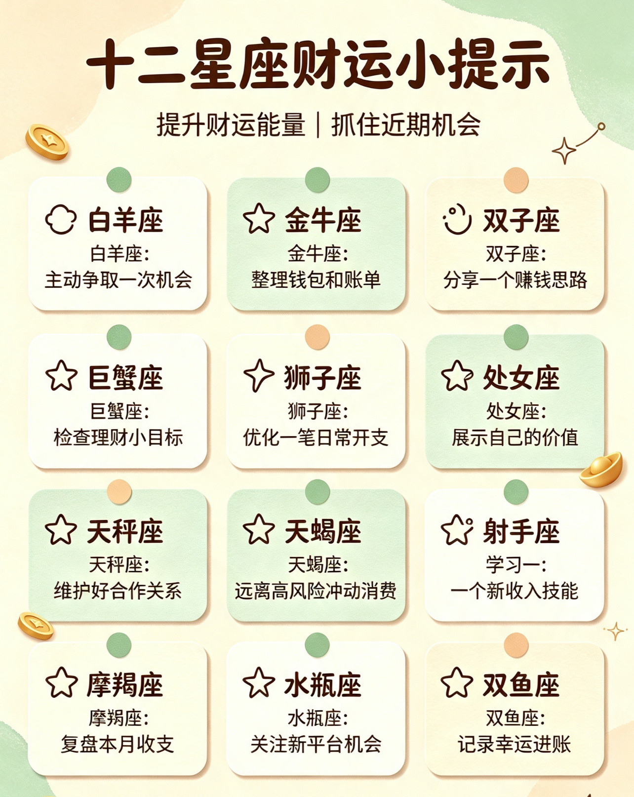 十二星座财运小提示十二星座财运小提示来啦✨整理能量，抓住机会，财运自然稳稳来～评