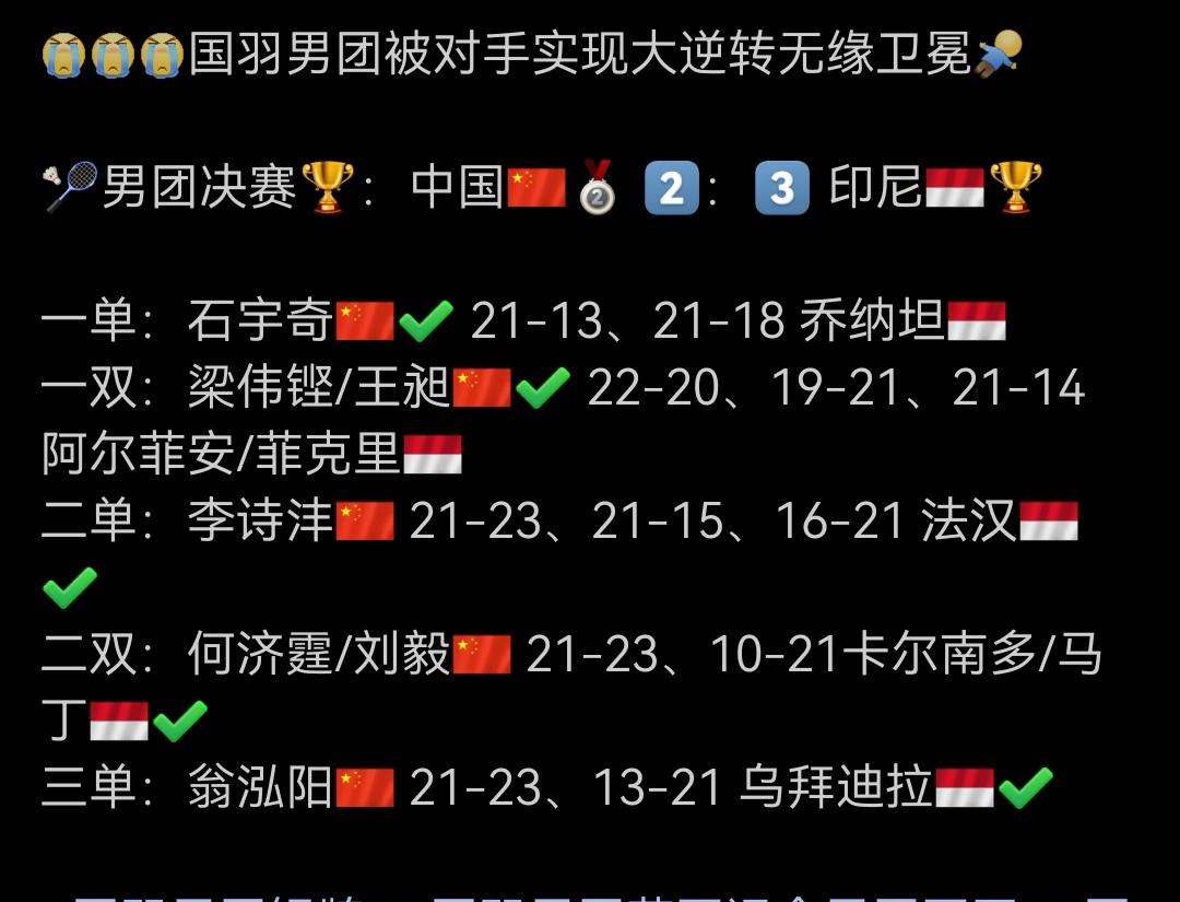 羽毛球男团也输了决赛丢冠，为啥大家反响比乒乓球男团丢冠小得多？三个原因。1、我