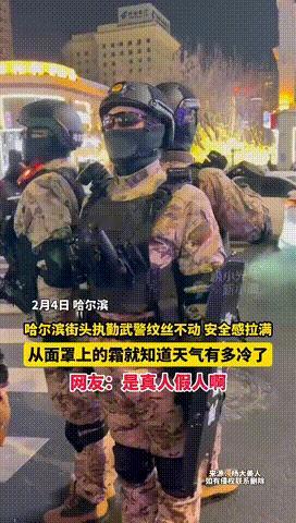 “武警官兵火了！”2月4日，哈尔滨街头，零下的天气，执勤武警站岗一动不动，面罩结