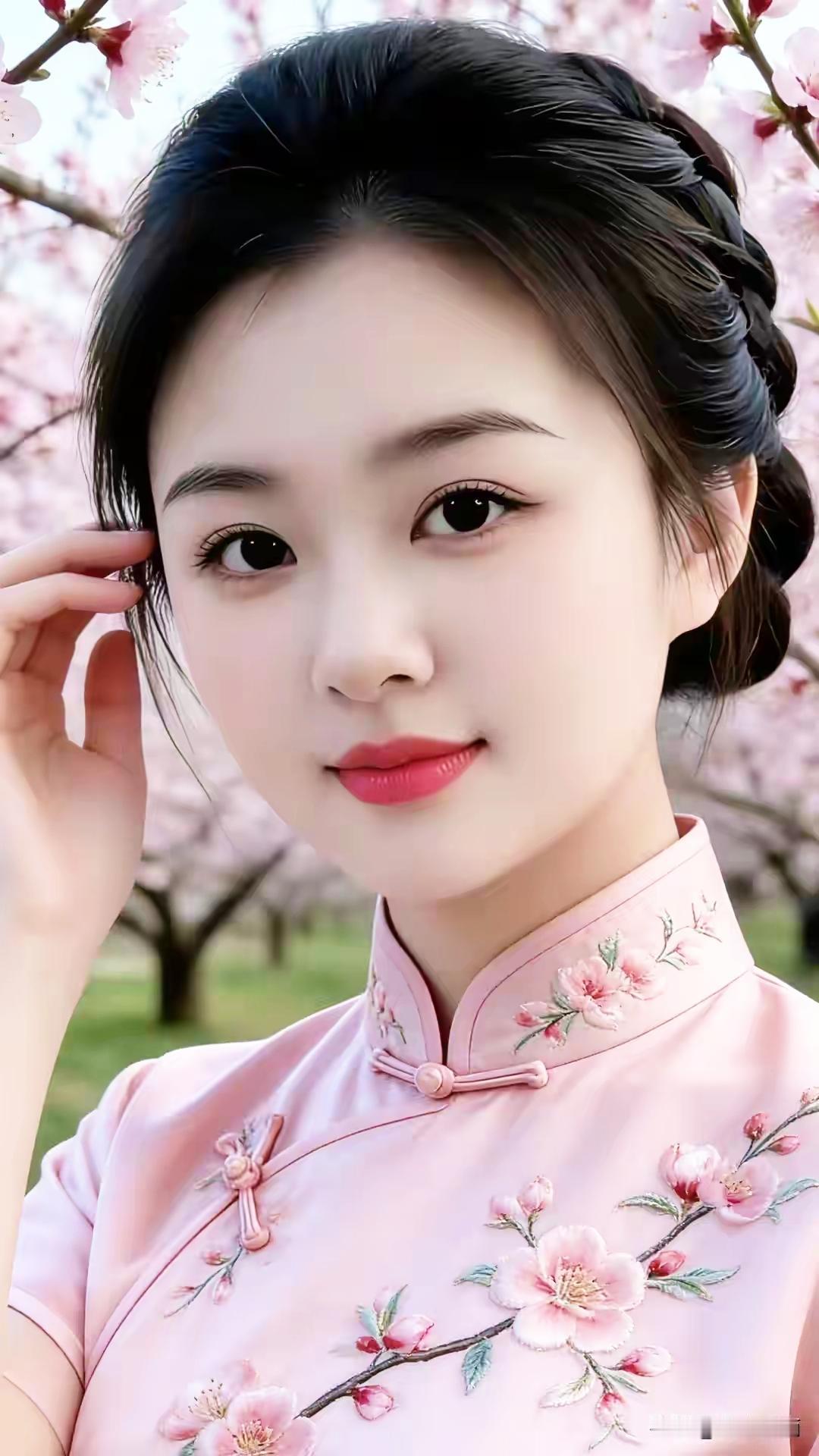 樱花树下，少女轻抚发丝，粉嫩旗袍尽显春日风情。
