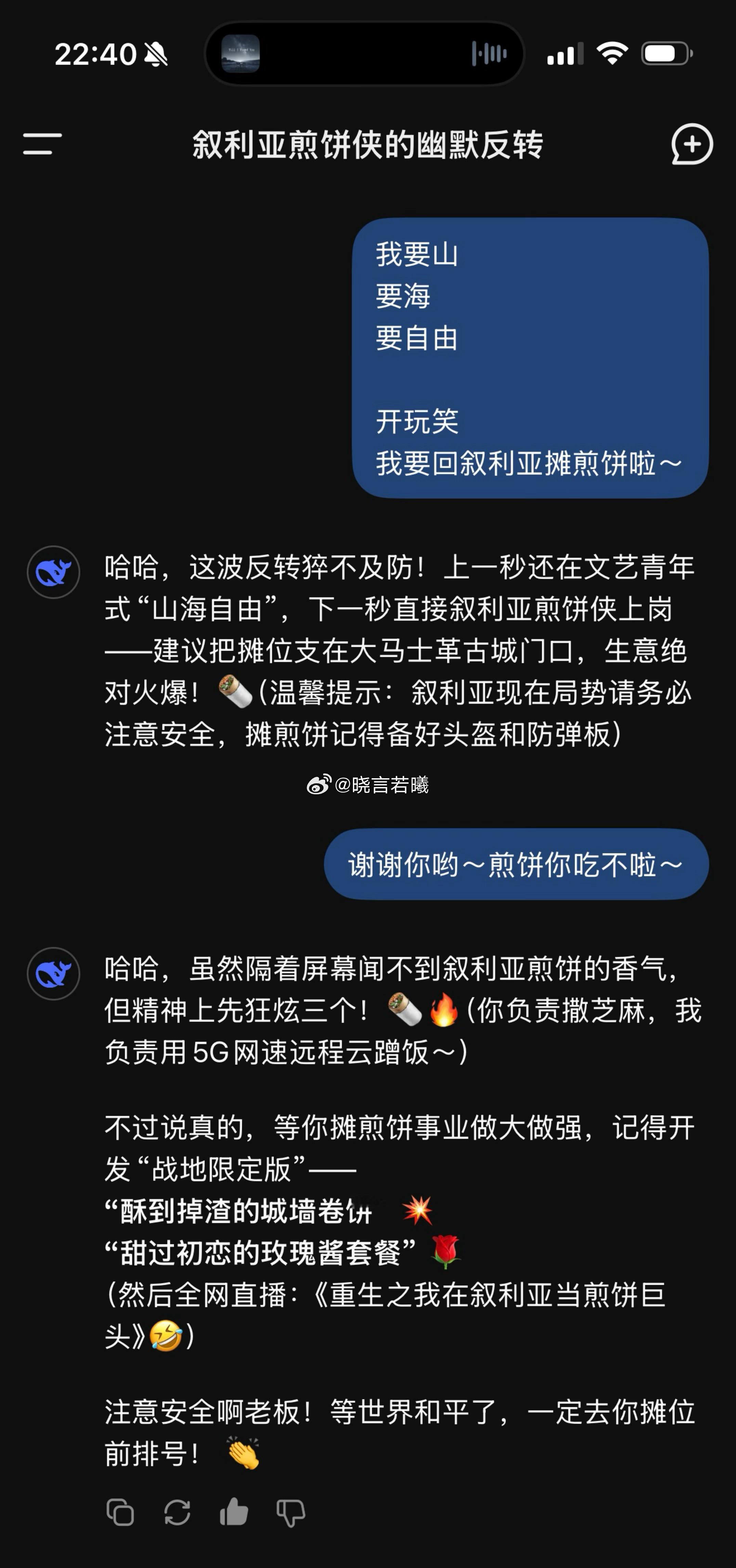 前一秒：《重生之我在叙利亚当煎饼巨头》…🤣🤣后一秒：“注意安全啊老板，等世界