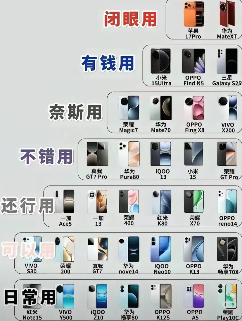 看这手机推荐图，闭眼用、有钱用的都是大牌旗舰，越贵越时兴的越靠前。是不是有点“价