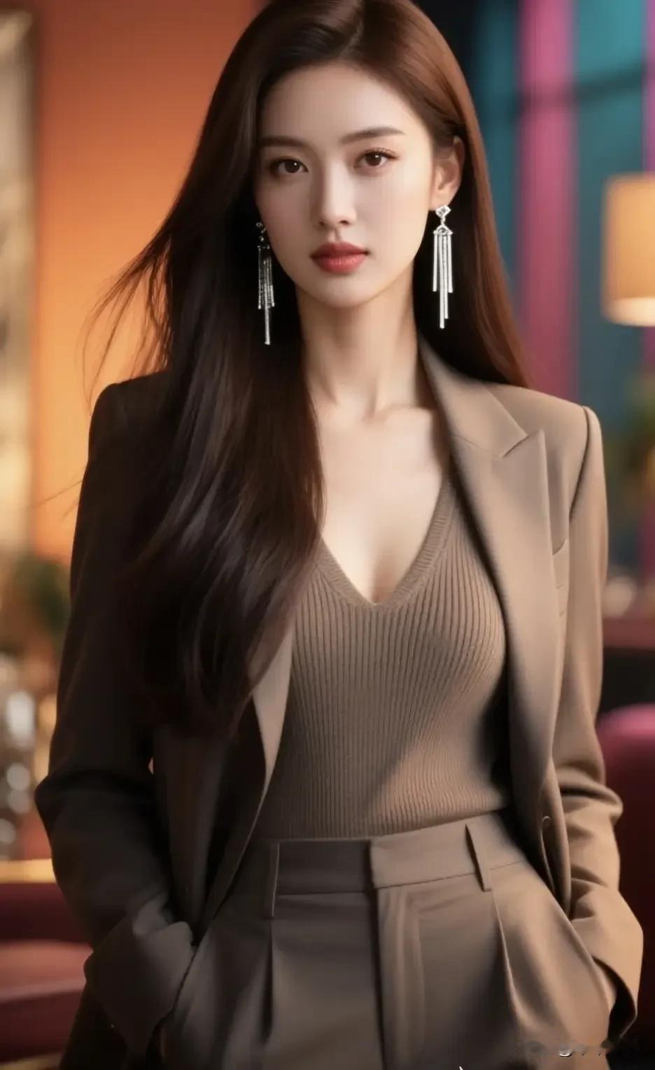 咖色西装套装配同色系针织内搭，霓虹背景揉出干练又妩媚的轻熟氛围感☕灰色西装套装