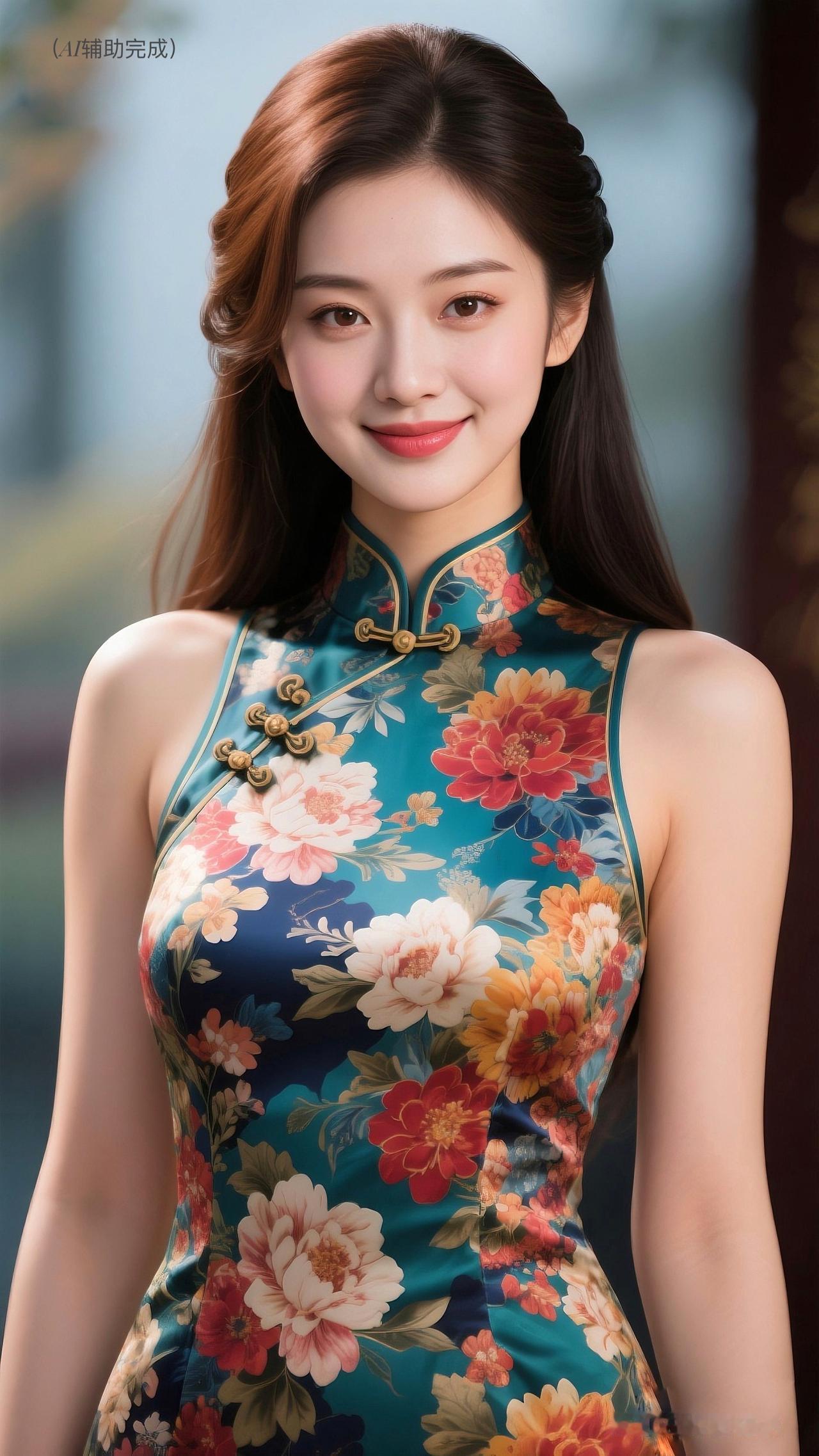 九帧同绘东方古典仙。蓝底旗袍绽繁花，立领盘扣添雅韵，长发如瀑垂肩漾柔光。眉眼含笑