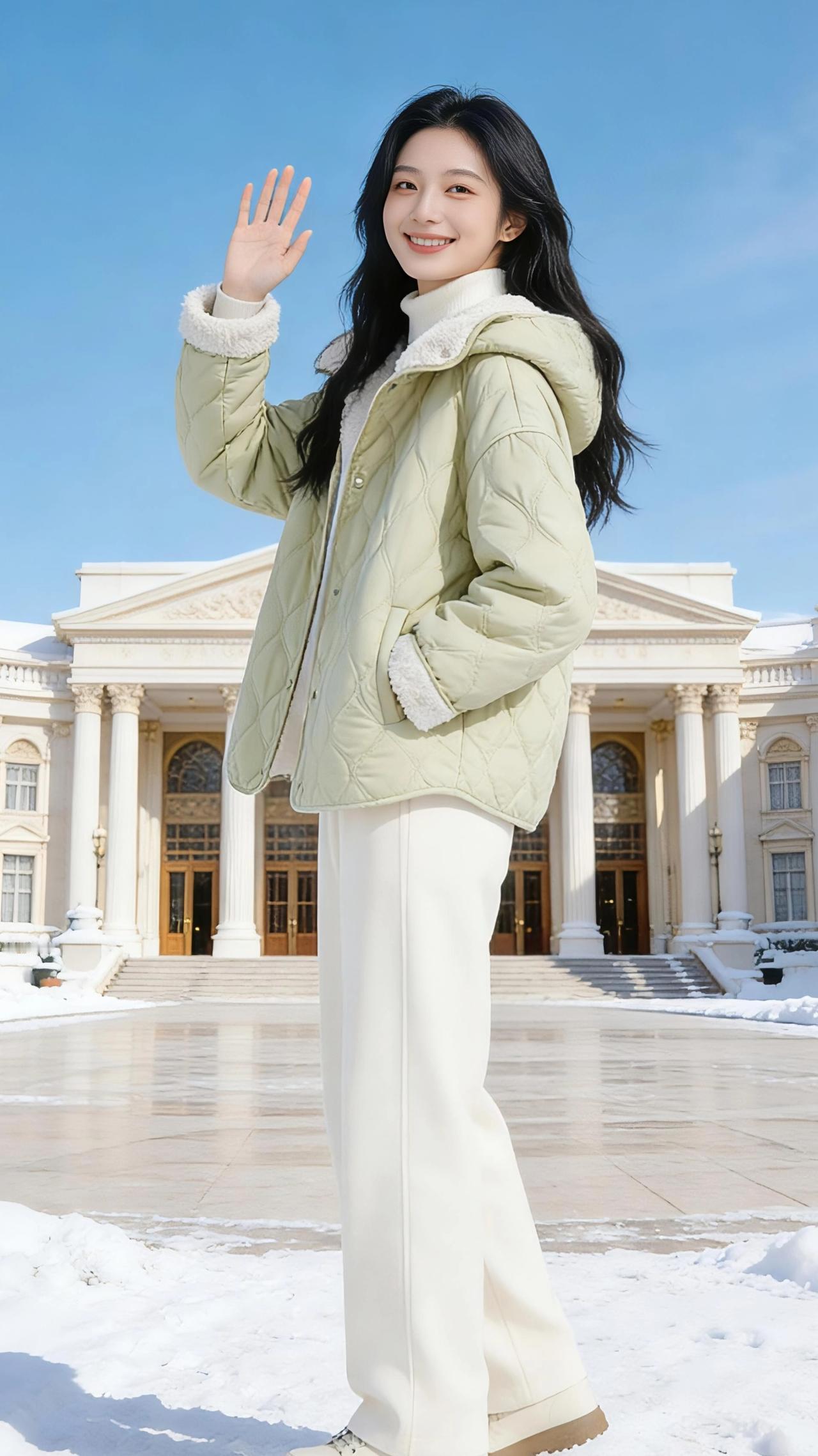 雪日暖章雪落在欧式建筑的廊柱上，像给白石镀了层松软的糖霜。天是清透的蓝，把