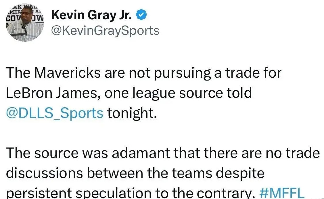 记者KevinGrayJr：一位联盟消息人士透露，独行侠目前没有寻求交易得到
