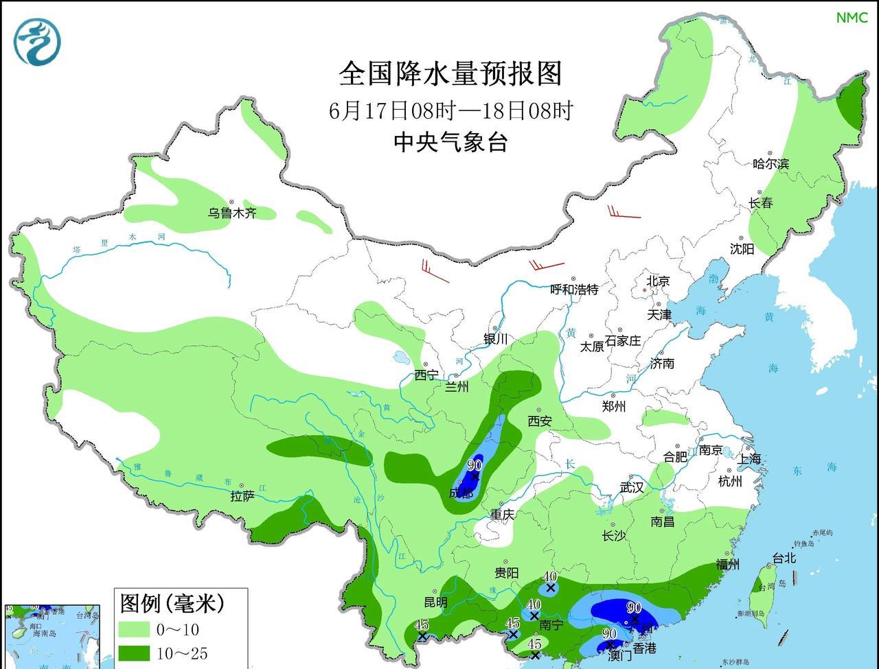根据三张全国降水量预报图（6月16日、17日、18日），未来三天我国降水分布及强