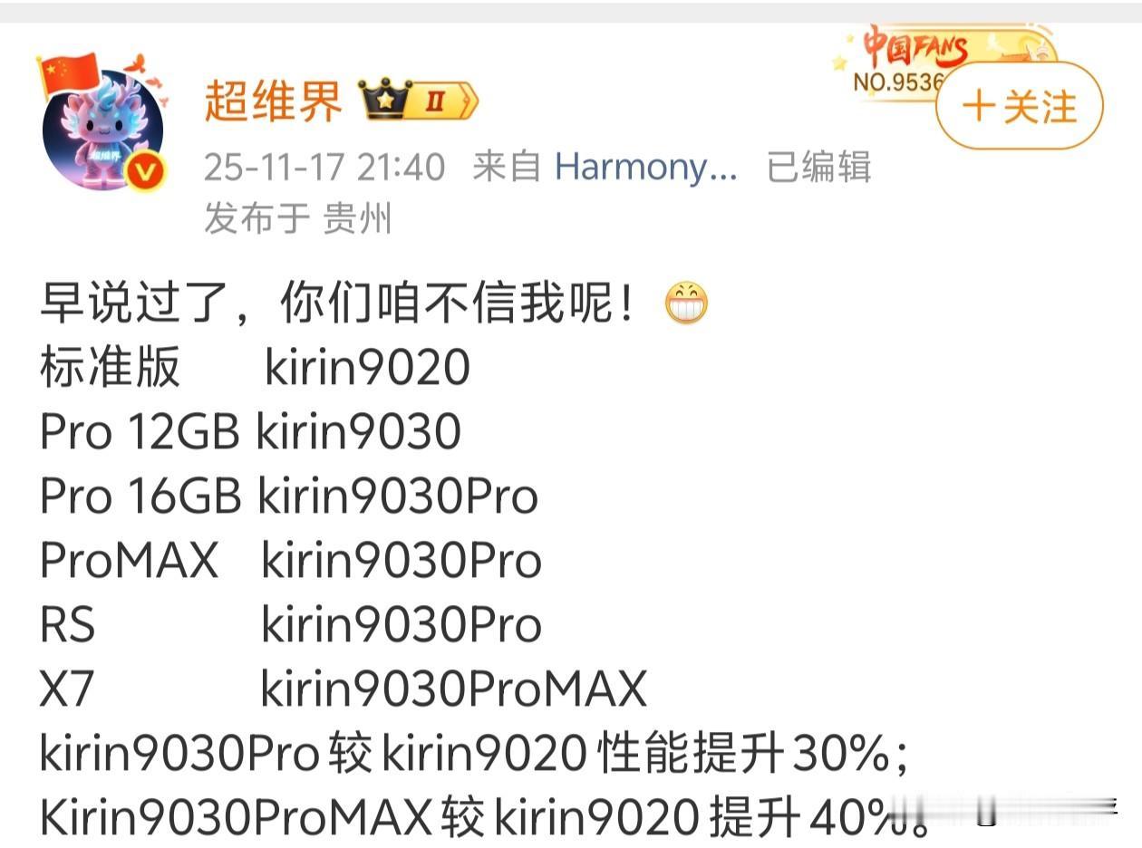 麒麟9030系芯片也有Promax命名[思考]标准版是麒麟9020，而从Pro开