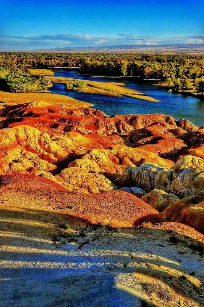 新疆·五彩滩一河两岸，南北各异。一边是绿草如茵、山花烂漫、牛羊悠