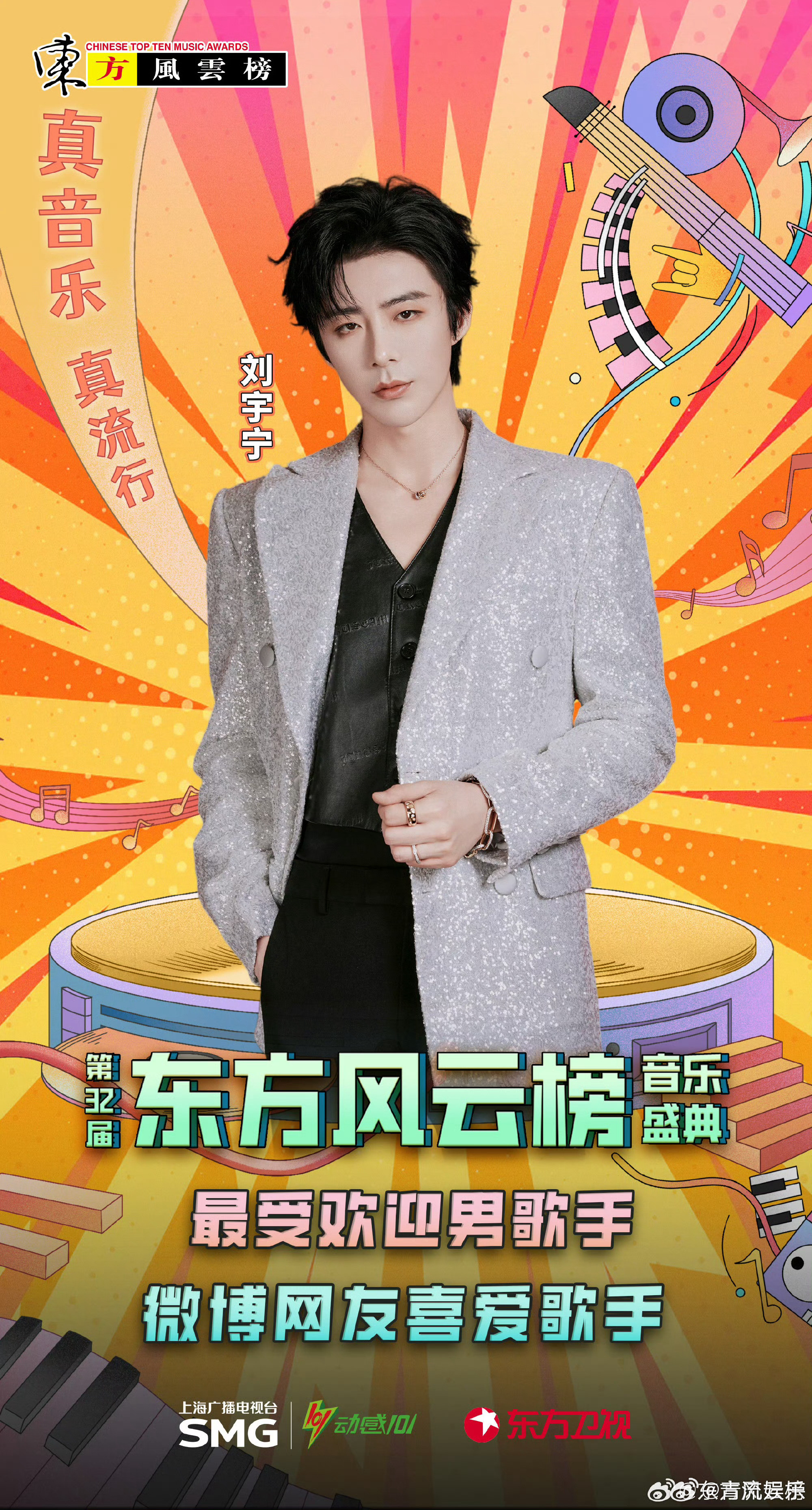刘宇宁再获最受欢迎男歌手第32届《东方风云榜》音乐盛典年度最受欢迎男歌手&微博