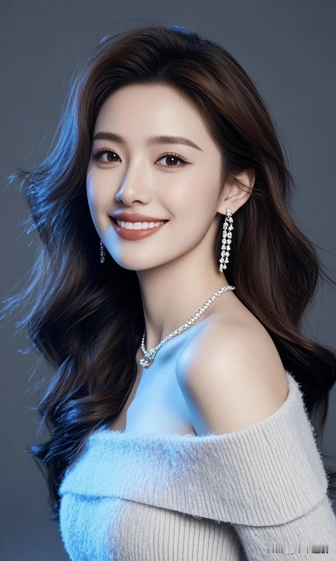 柔纱般的针织衫衬着钻饰的光，笑靥绽开时，温柔与明艳都揉进了眉眼间落落大方文