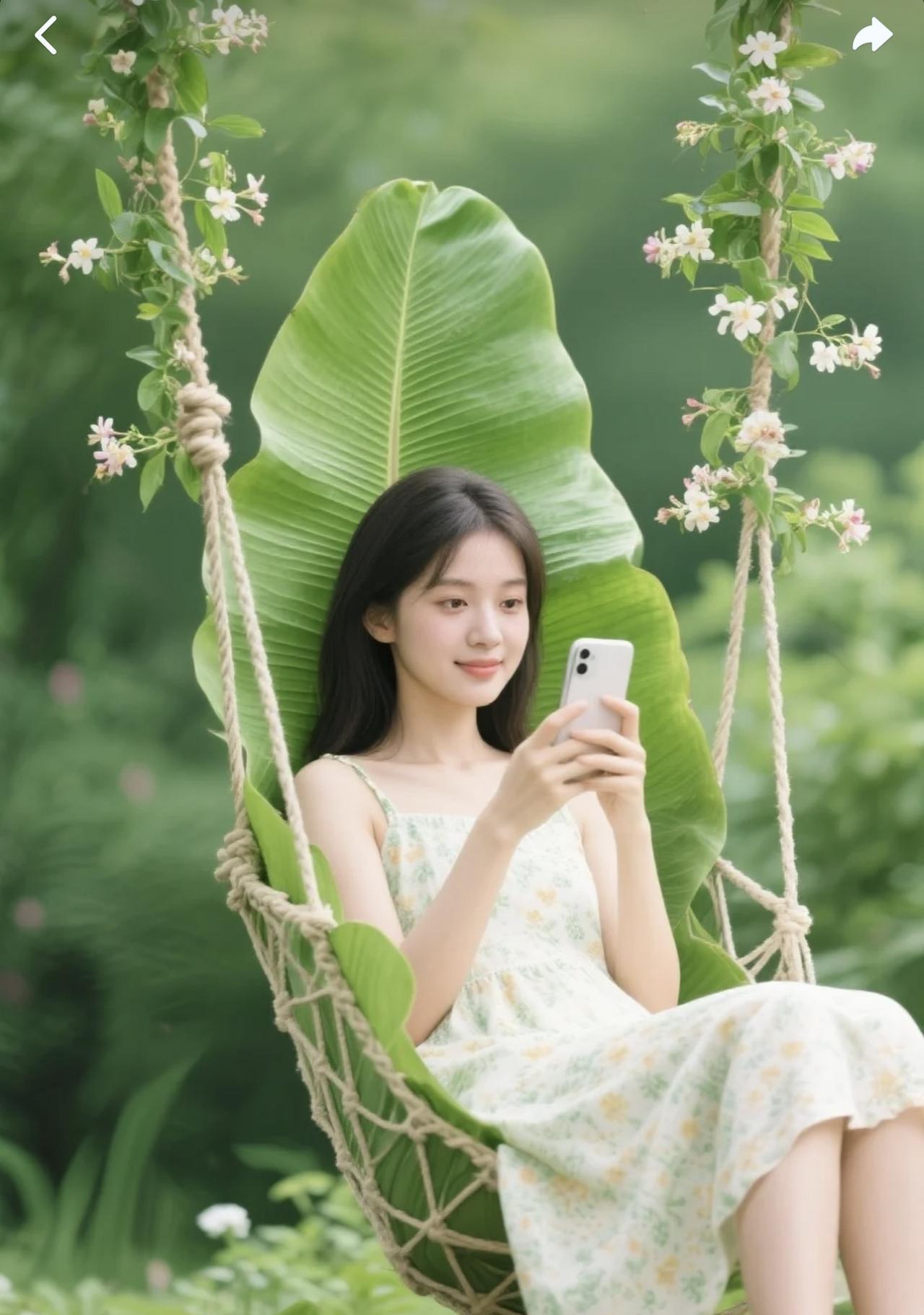 童话的世界在绿色藤蔓编织的摇篮一片巨大的叶子是天然的软垫碎花裙裹着轻盈