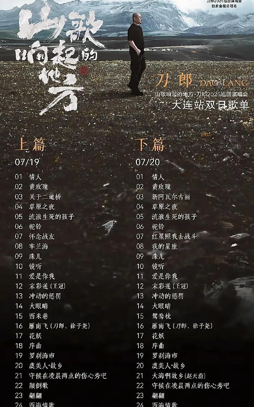 啊呀啦嗦在7月18日16点28分发布，刀郎大连演唱会的双日歌单来了，其中的第12