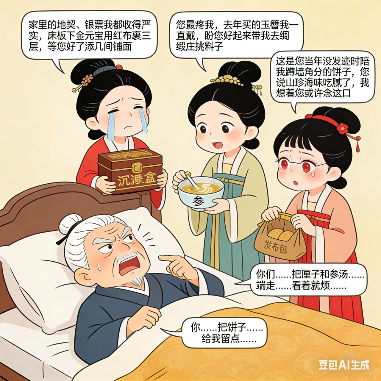 古代贪官搞笑段子贪官老了，躺在床上快要不行了。他把三个老婆叫到床前，想看看谁