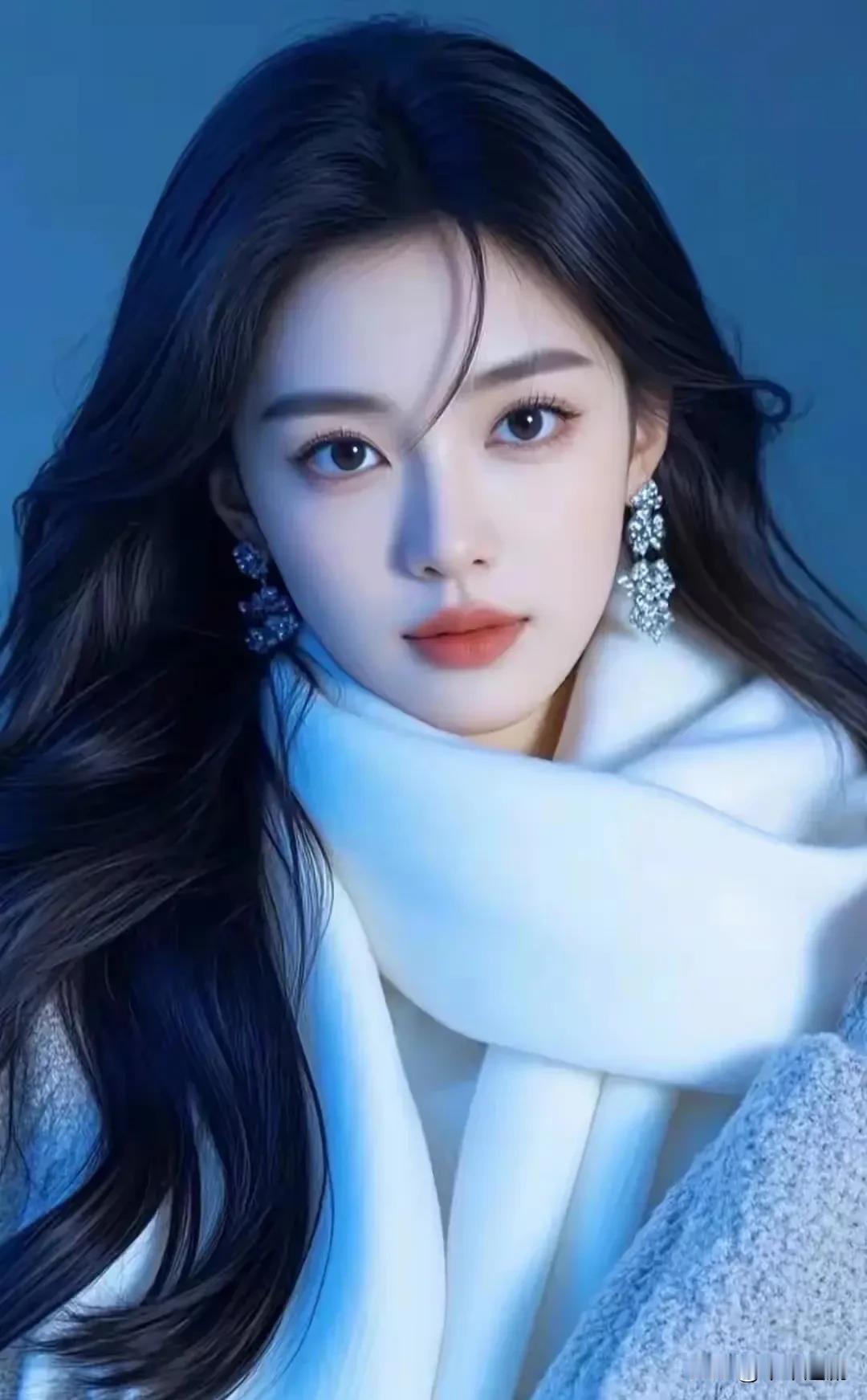 如何成为一个时尚的女孩?白绒围巾搭灰毛呢大衣，冷蓝光影背景揉出清冷又华贵的冬日