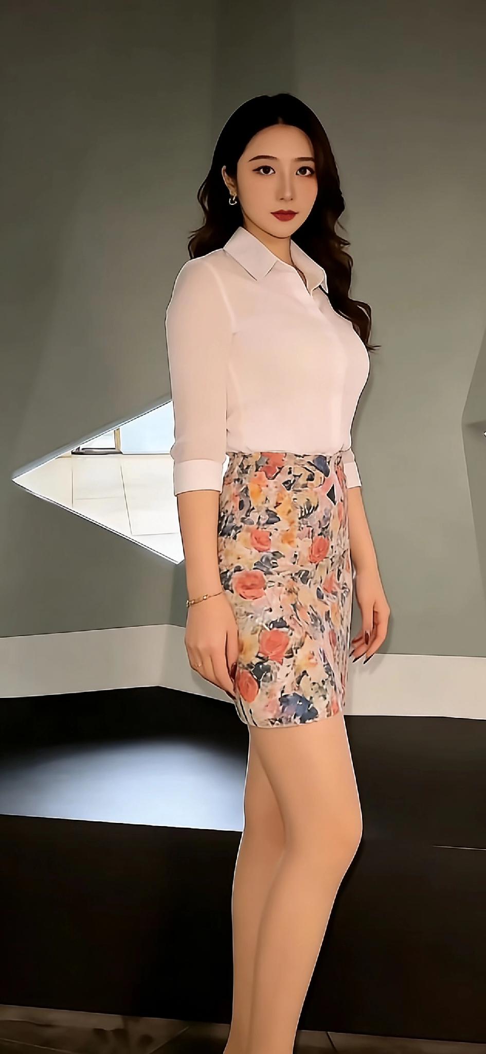 优雅气质穿搭，粉色衬衫搭配印花短裙，尽显女性魅力！🌸👗💄