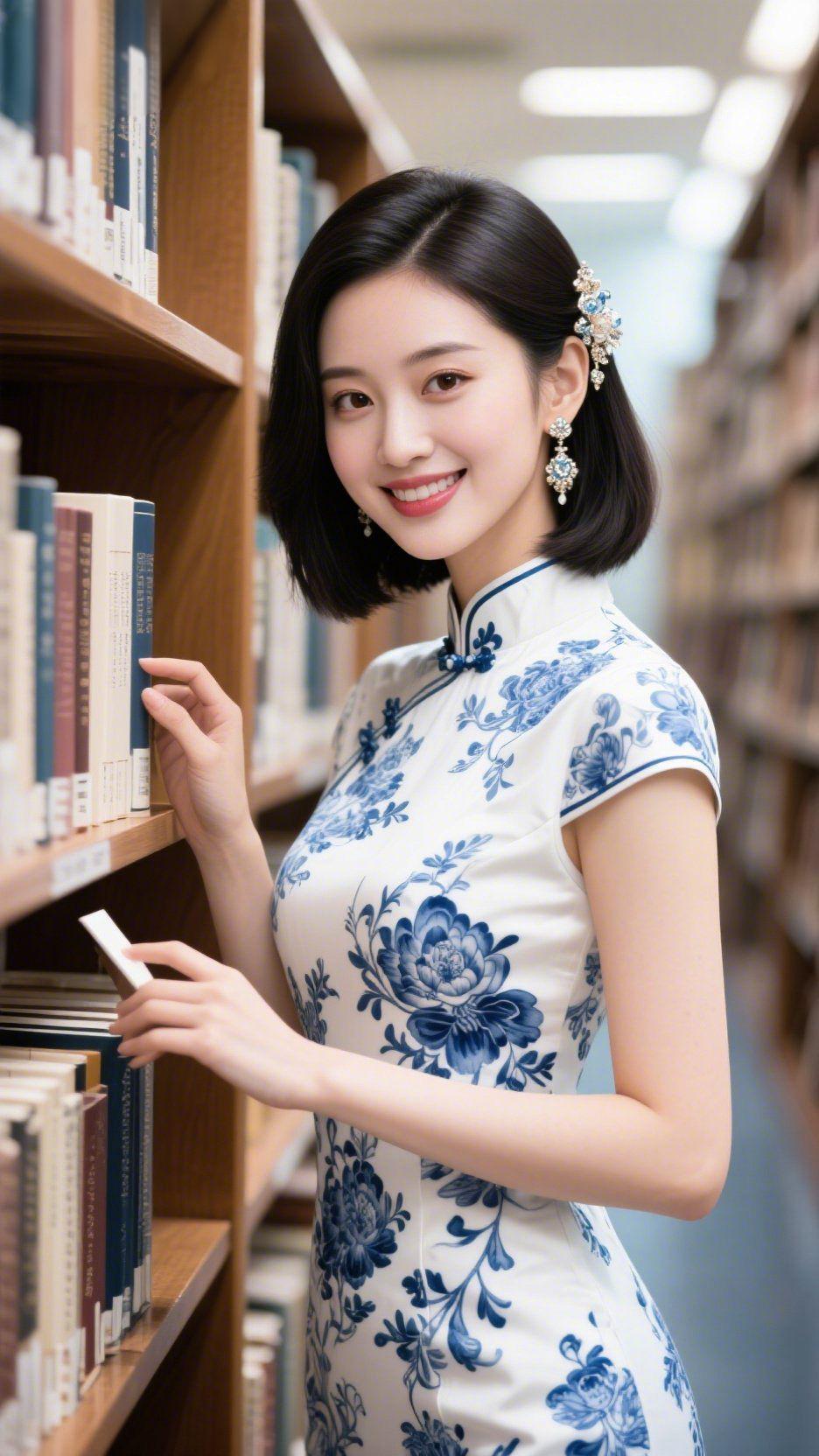 青花书影图书馆的光，是揉碎的月光。她指尖轻触书脊时，青花旗袍上的牡丹像浸了墨香