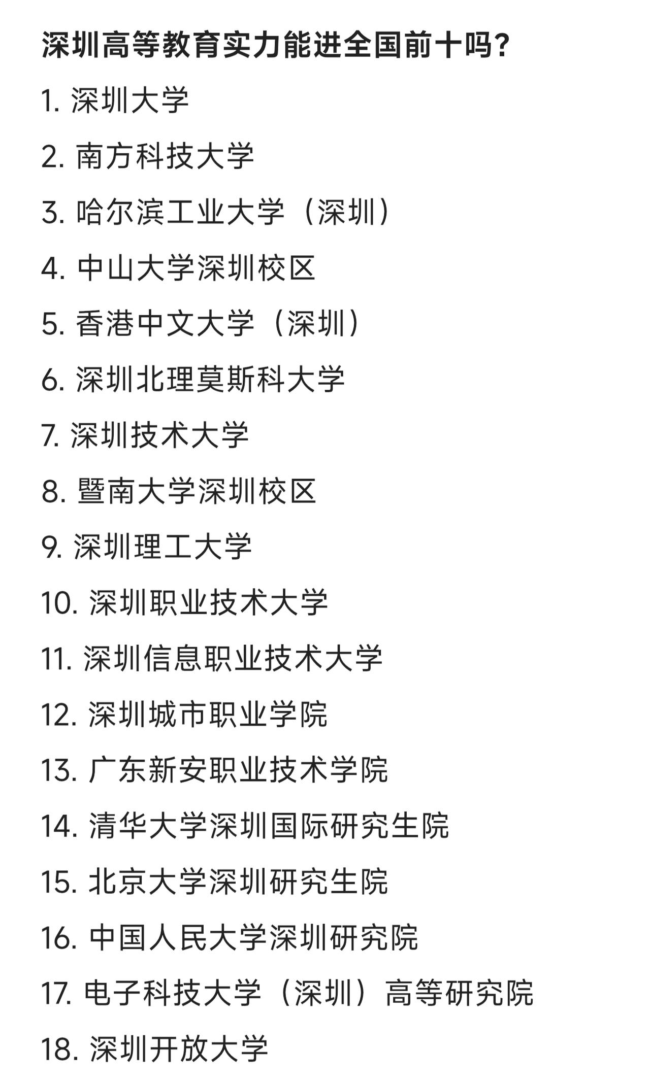 深圳的高等教育实力能不能进全国前十？除了这十八所高校和研究院，目前深圳还有几所新
