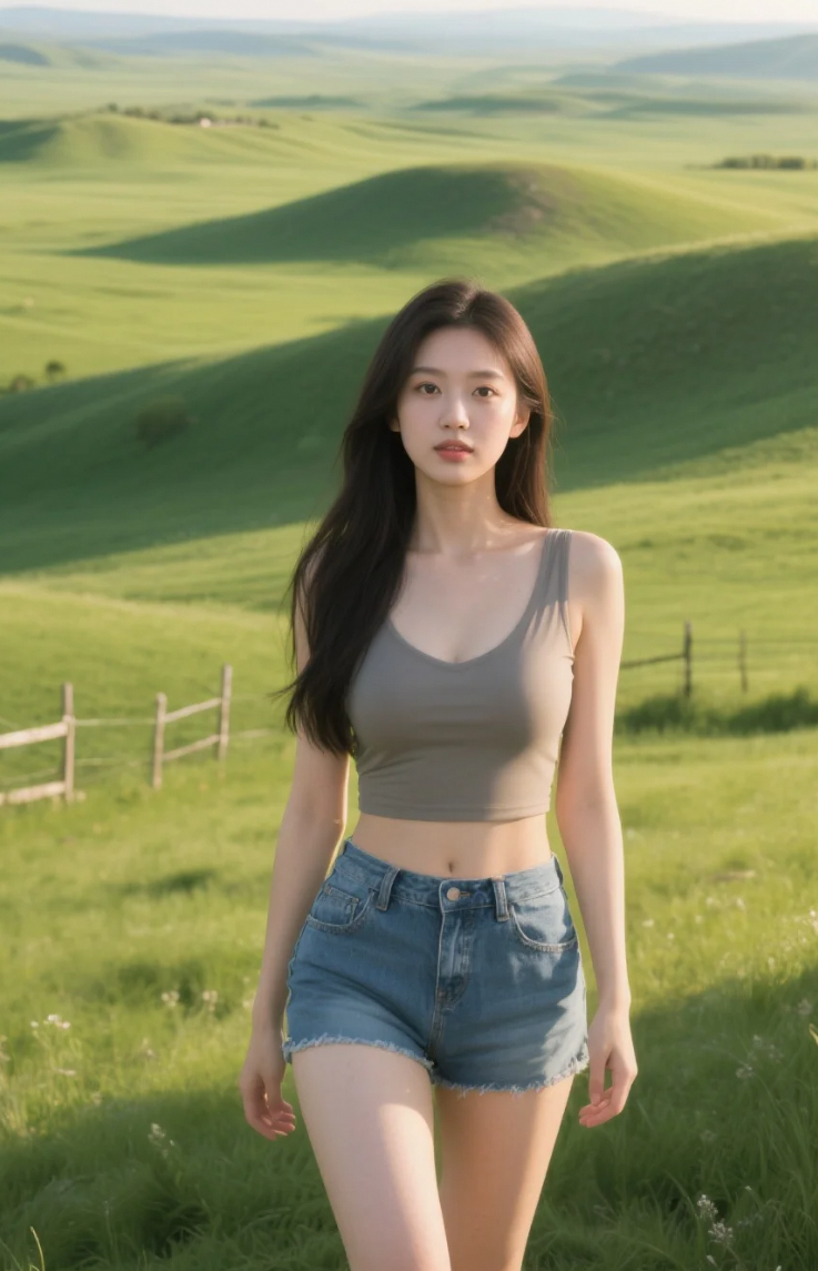 草原为背景，她美得毫不费力