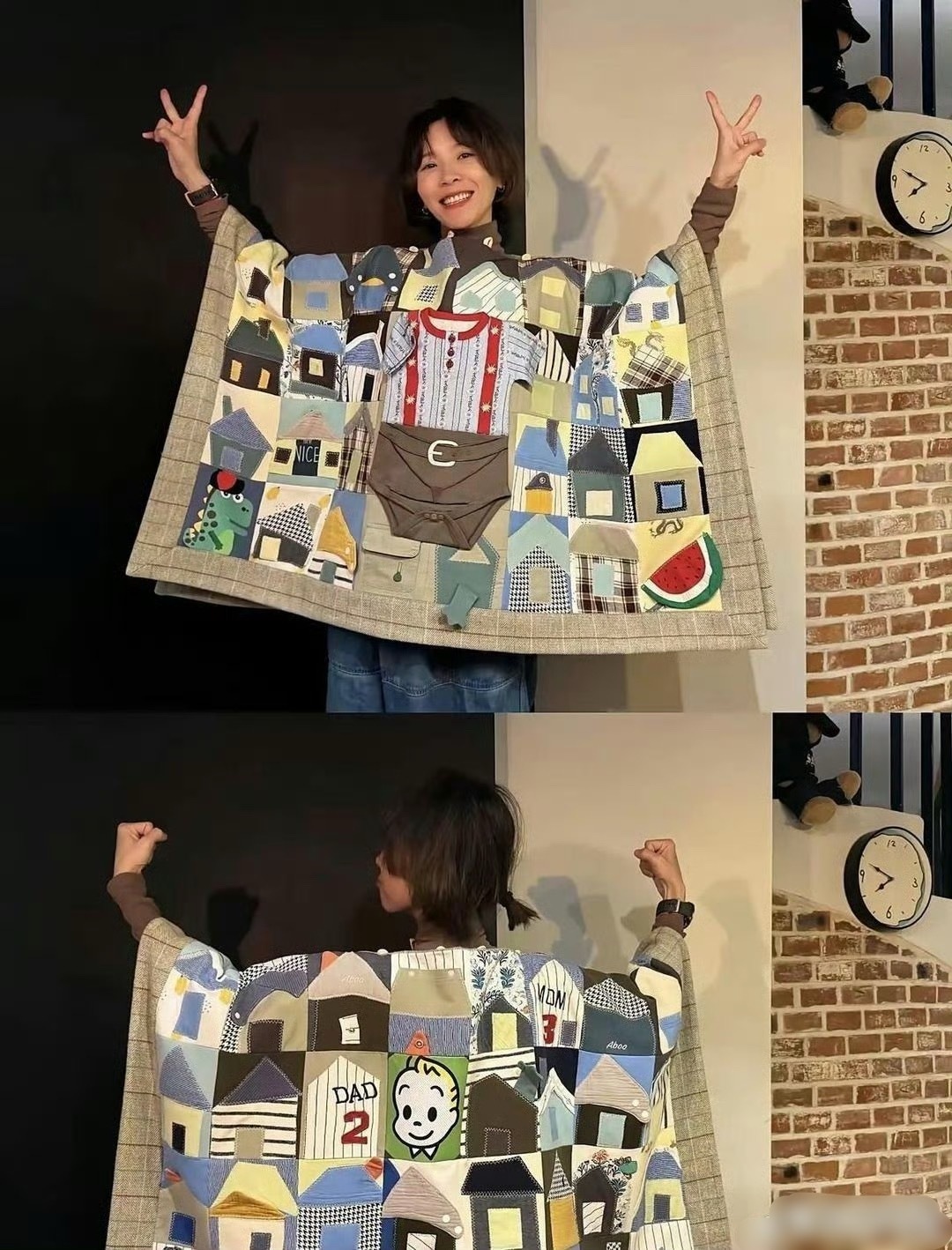 黄雅莉真的太厉害了。她把孩子‏的旧衣服改成了小﻿房子的形状，﻿‏缝在布上‏﻿做成