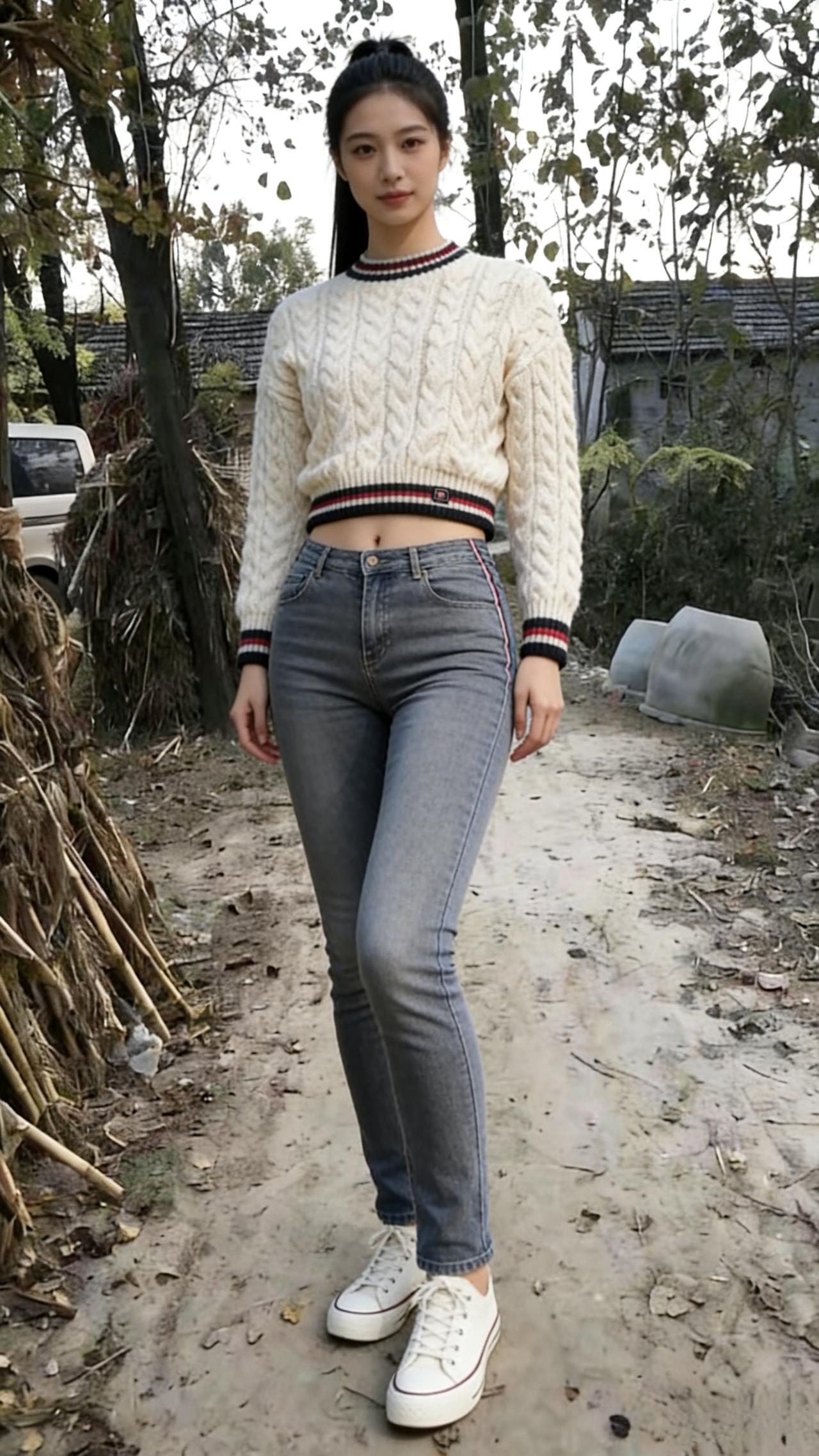 白衫青裤立荒蹊，马尾垂肩影自西。望断秋云无觅处，一襟风色入诗题。