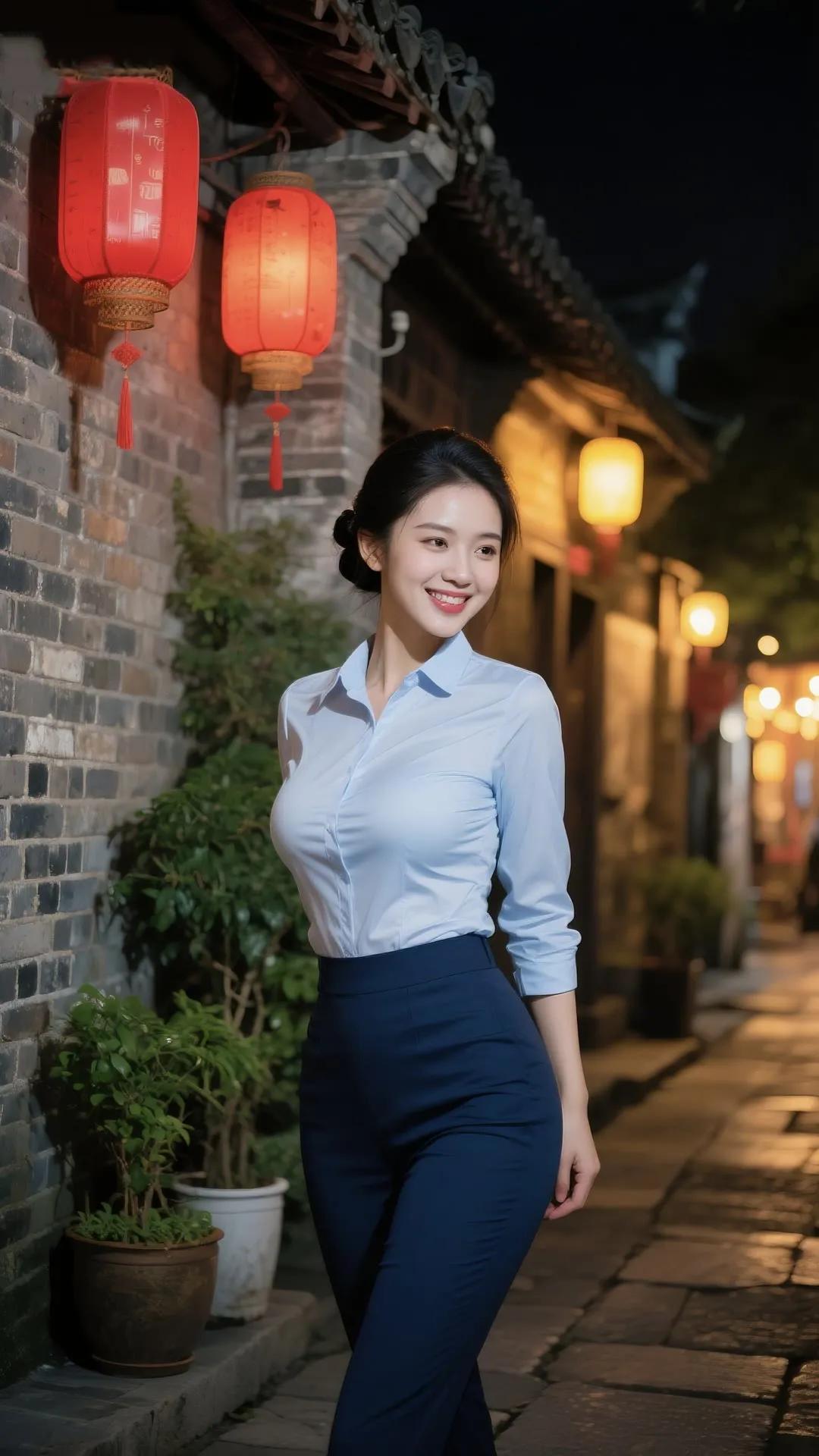 夜色中的古风街巷，红灯笼映照下，她微笑着，优雅动人。
